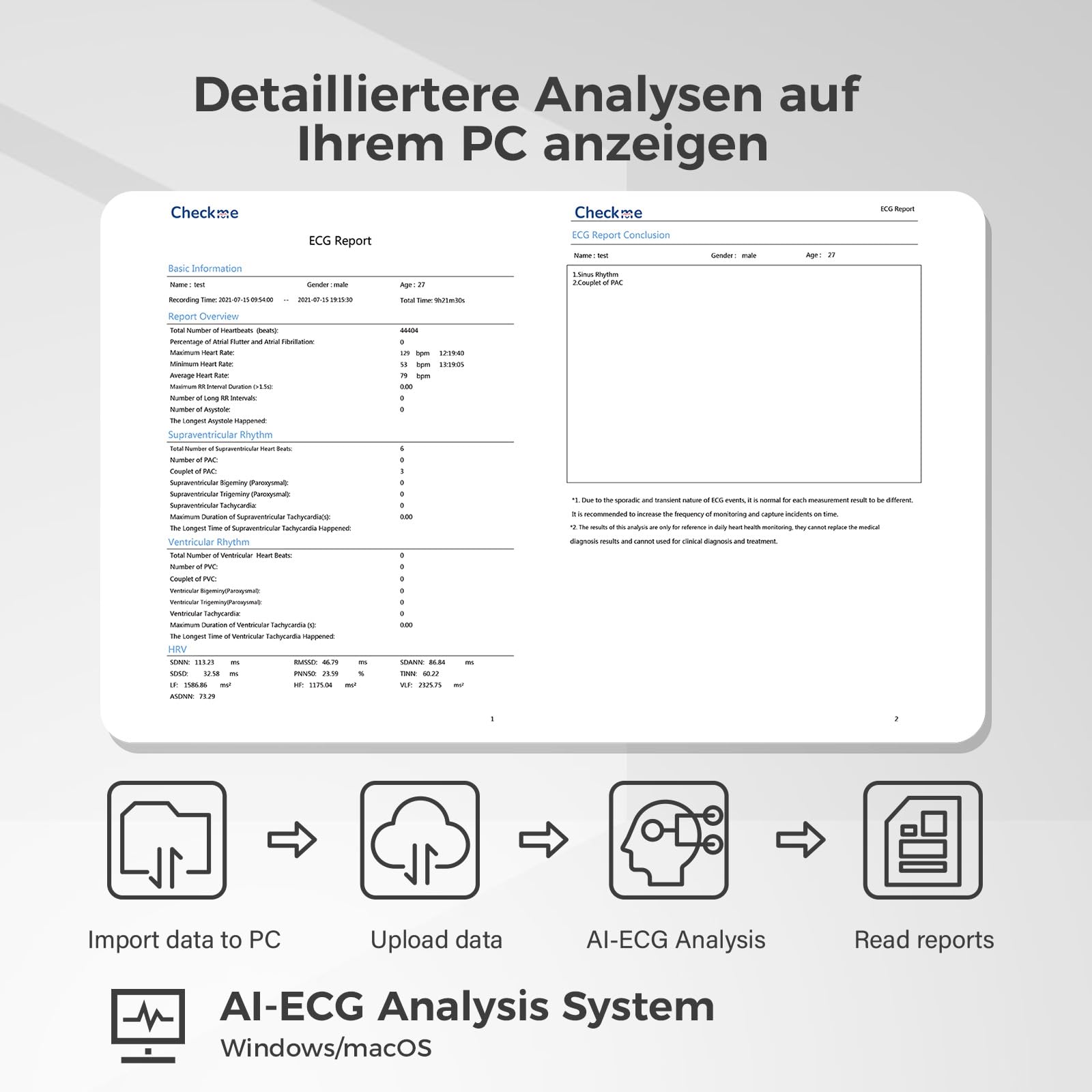 CheckMe ER1-LW 72 Stunden Langzeit-EKG Gerät mit AI-Analyse | EKG Gerät für Zuhause, EKG-Ereignismarker-Funktion, App & PC-Software, Kompatibel mit Allgemeine Elektrodenpads