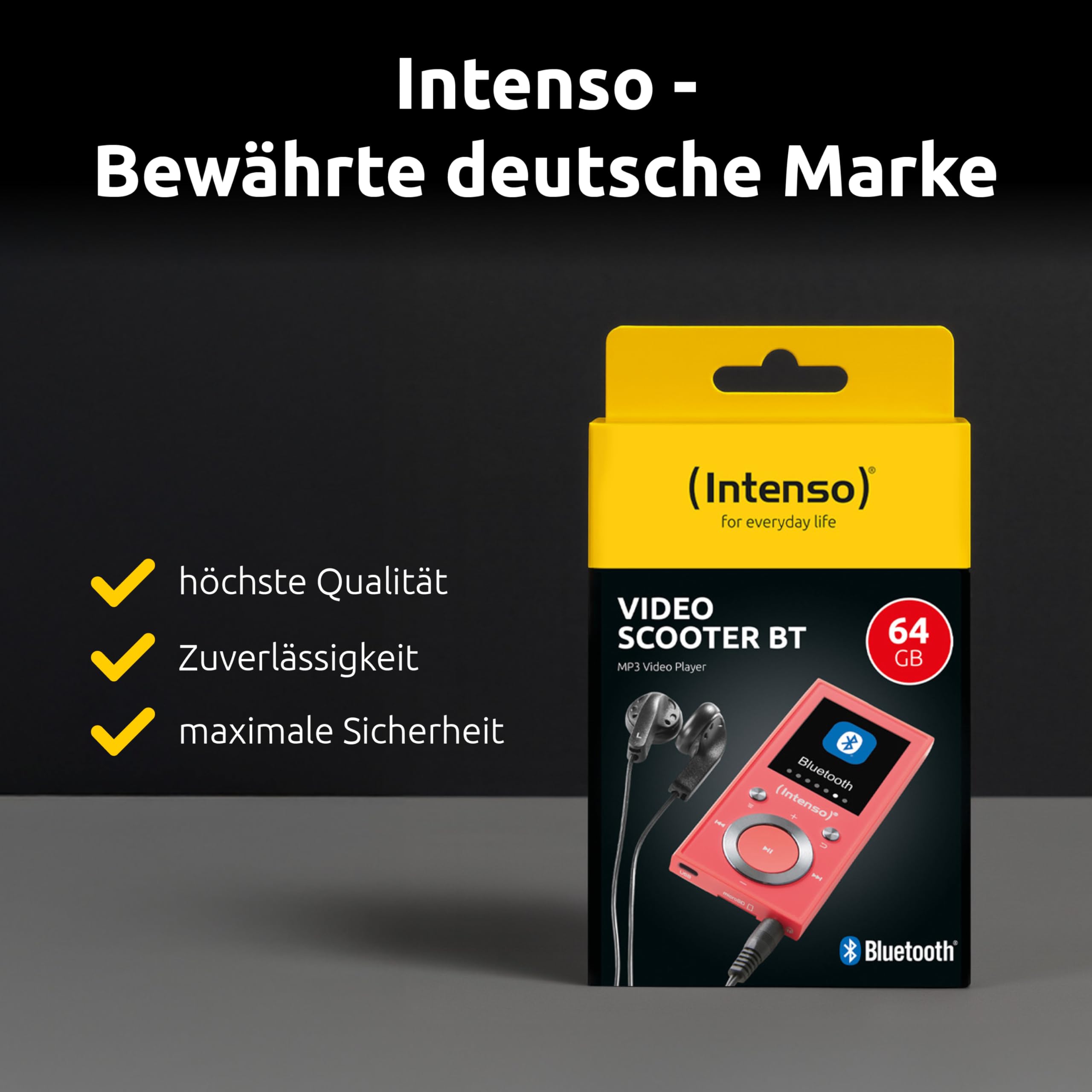 Intenso Video Scooter BT odtwarzacz MP3 z Bluetooth 5.0, kolorowy wyświetlacz 1,8", 64 GB microSD, USB-C, akumulator do 18 h, w zestawie słuchawki, różowy