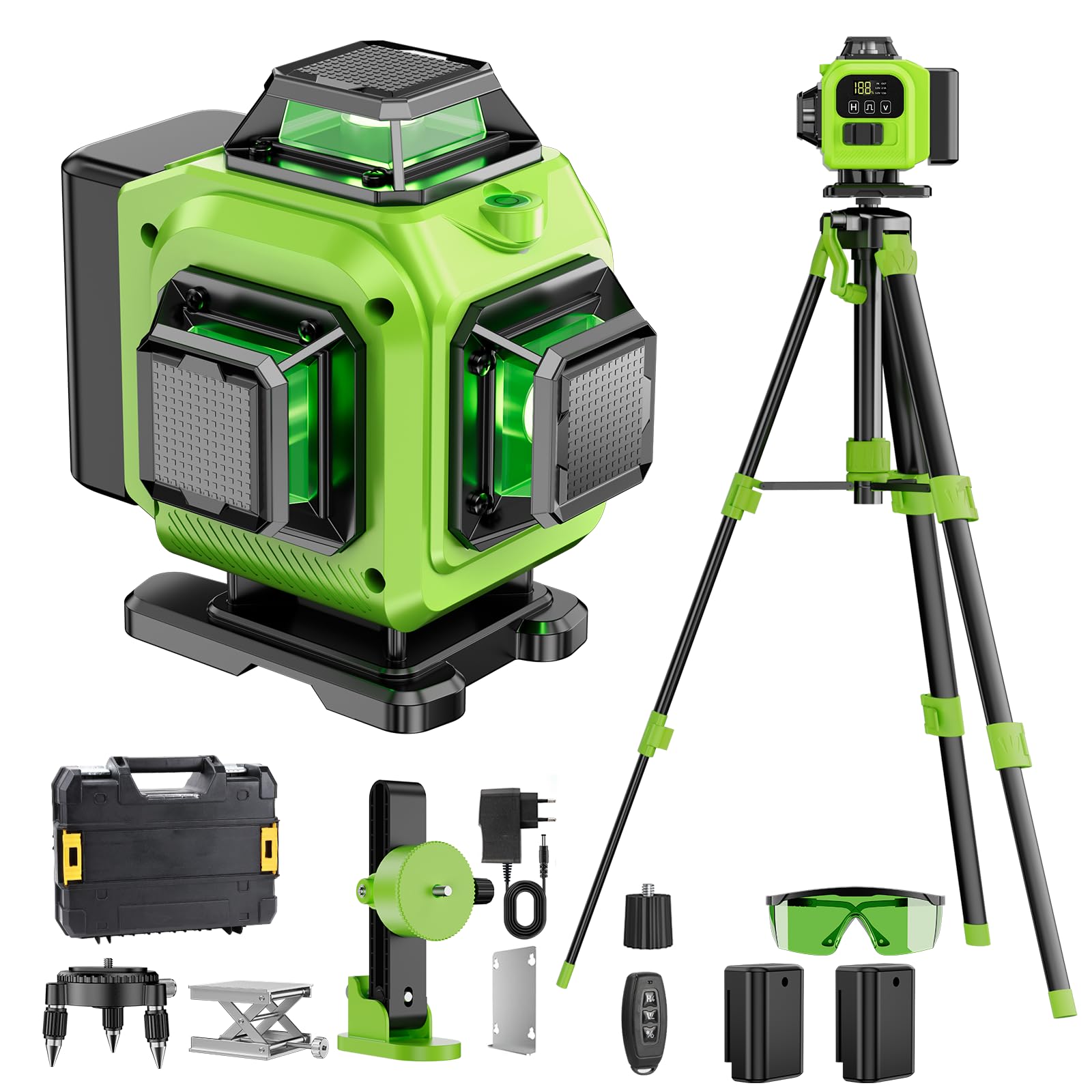Nivel Laser Autonivelante 360 Grados, Nivel Láser Verde 16 Líneas, 2 x 360 Horizontal y 2 x 360 Verticales, 2 x Batería, Montaje en Pared, Control Remoto, Base Magnética, Soporte Giratorio, Trípode