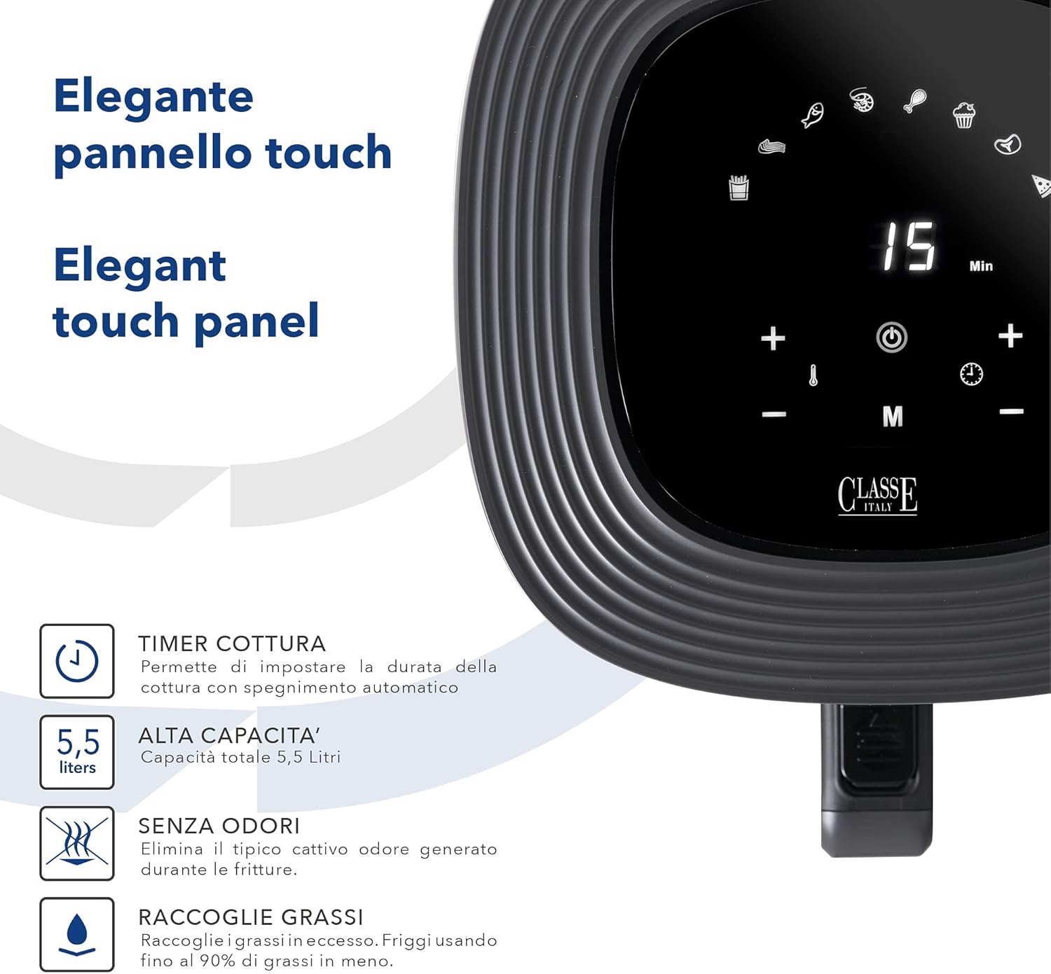 Friggitrice ad Aria Calda 5,5 Litri, Air Fryer con 8 Programmi, Display Touch, Tempo Cottura e Temperatura Regolabili, senza BPA e PFOA, 1700W Friggitrice ad Aria Calda 5,5 Litri, Air Fryer con 8 Programmi, Display Touch, Tempo Cottura e Temperatura Regolabili, senza BPA e PFOA, 1700W