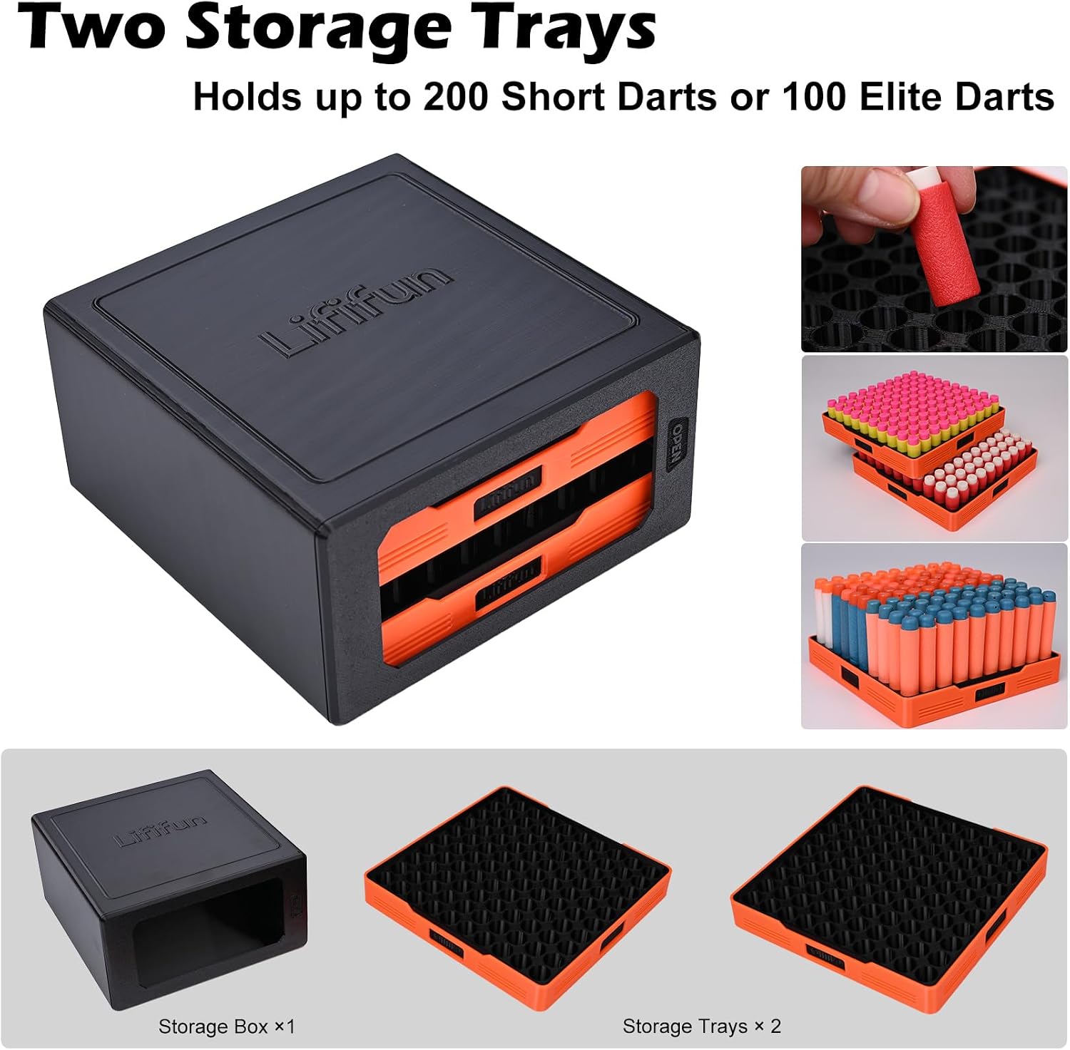 Short Dart Storage Box with 2 Trays – Holds 200 Half-Length Darts or 100 Elite Darts, 3D Printed PETG Ammo Organizer for Nerf Blasters