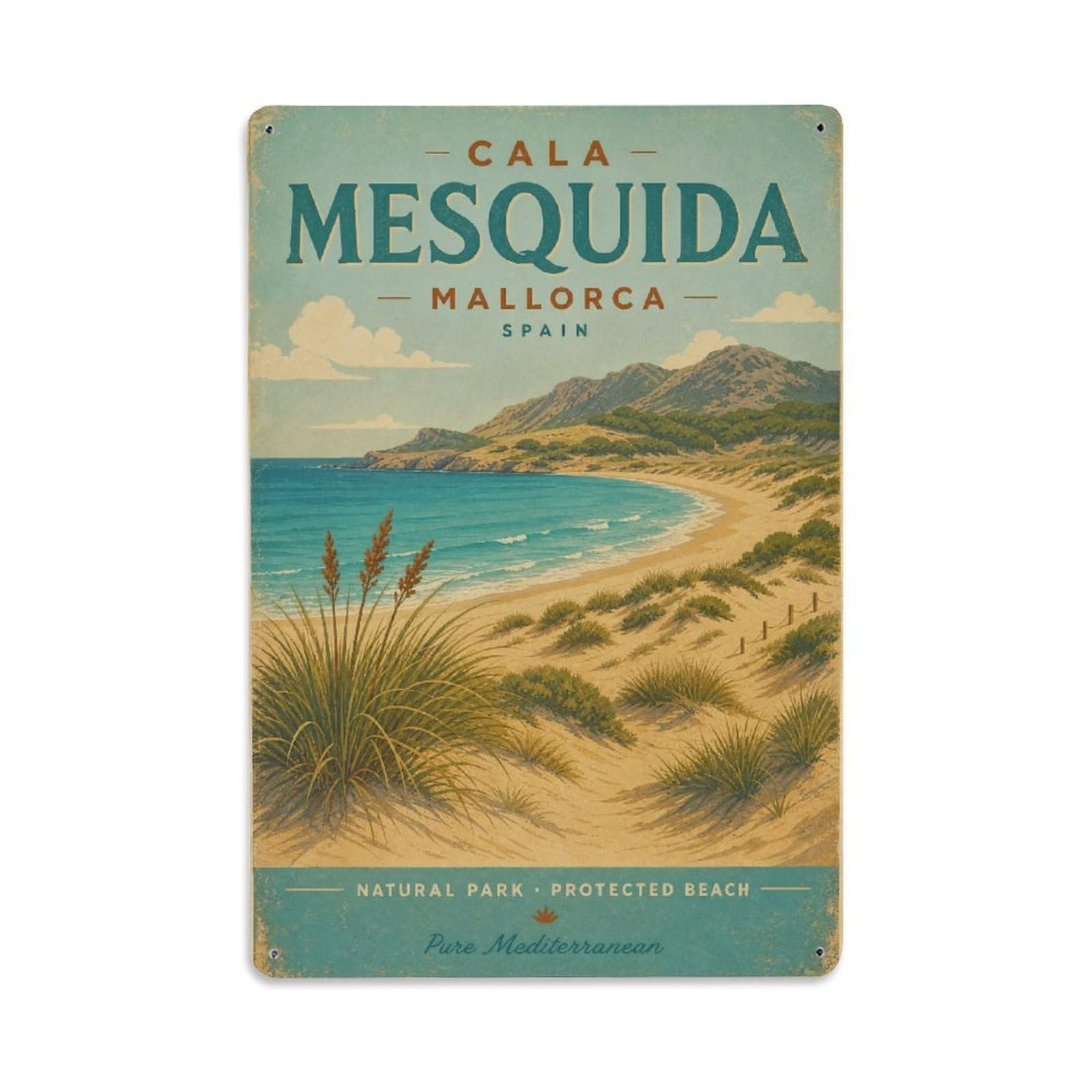 Fyrn Style Metal Tin Sign Vintage Travel Cala Mesquida Mallorca Dune Beach Nature