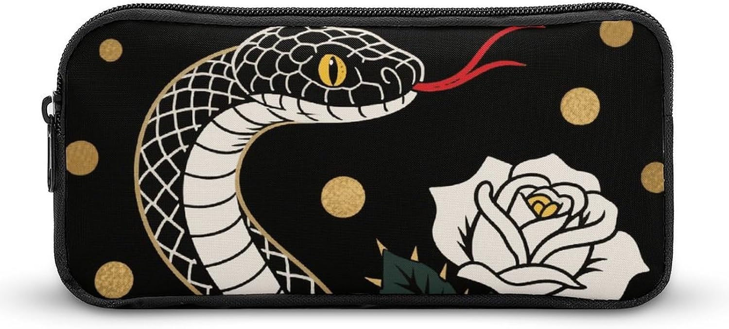 Snake Red Flower Pencil Case Large Pencil Bag with Zipper