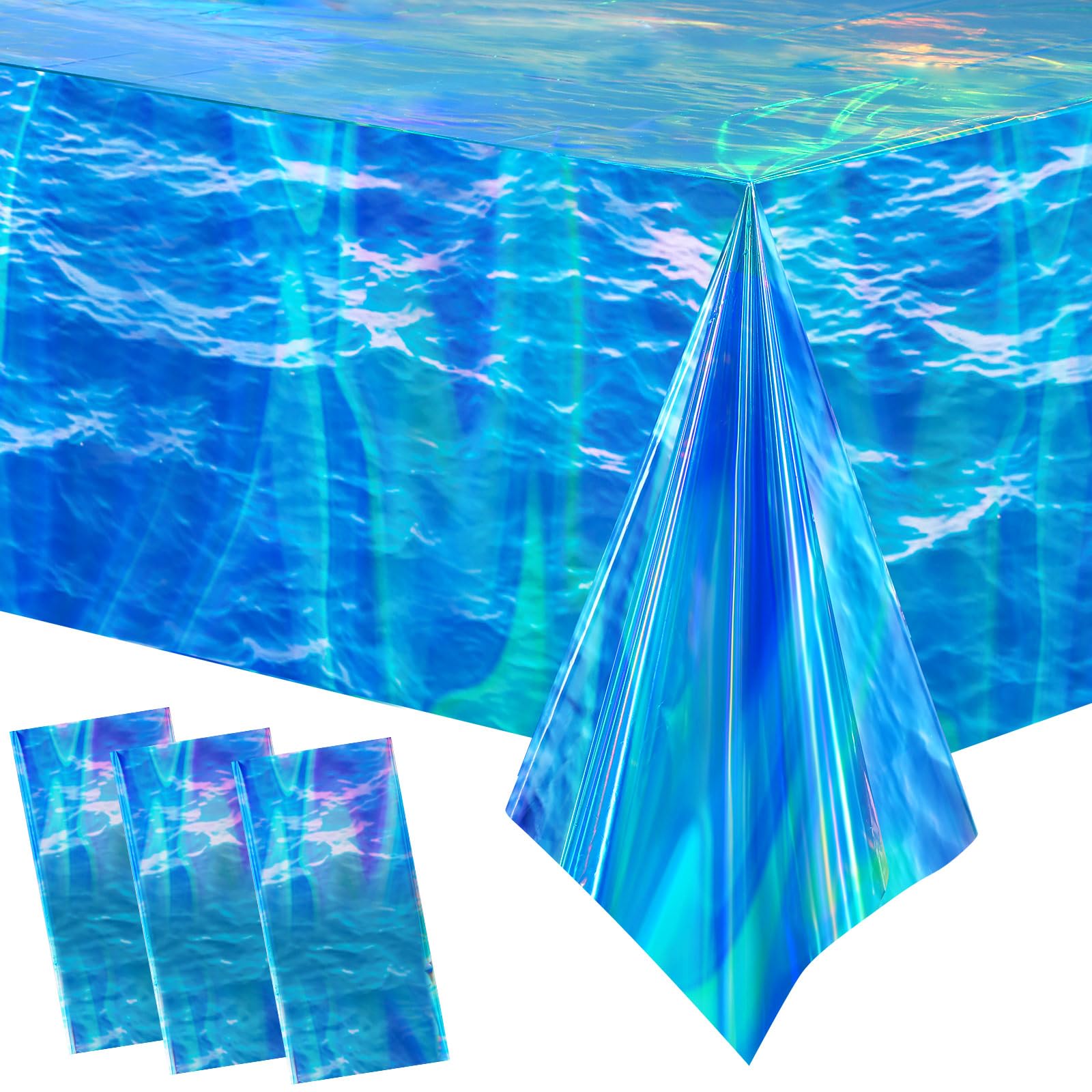 Irenare 3 Pcs Iridescent Ocean Waves Tablecloths Ocean Table Covers Blue Disposable Plastic Water Print Table Cloth for Summer Sea Beach Pool Birthday
