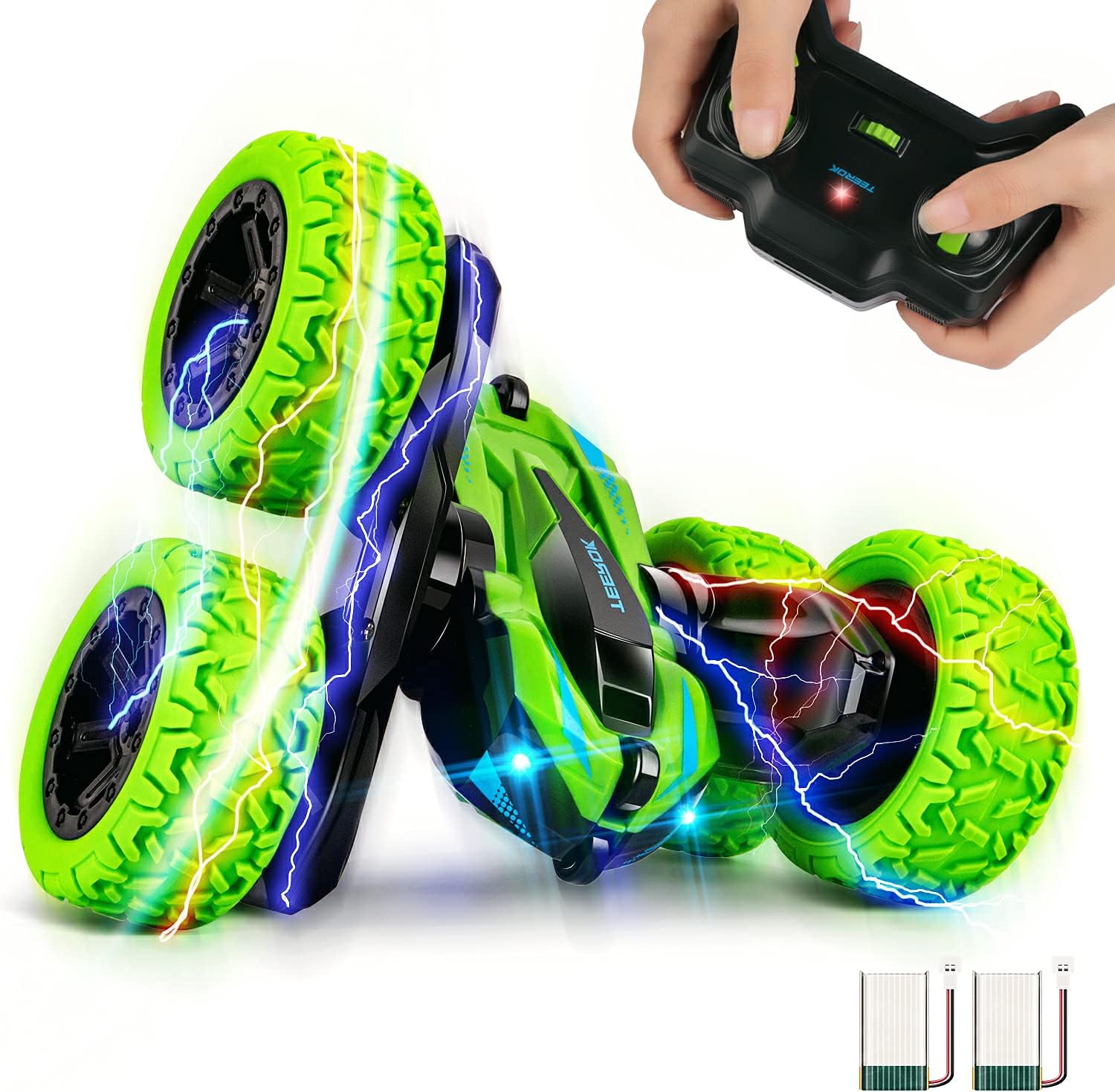 The TEEROK TR10 RC Stunt Car in green, with its black remote control and two rechargeable batteries shown separately.