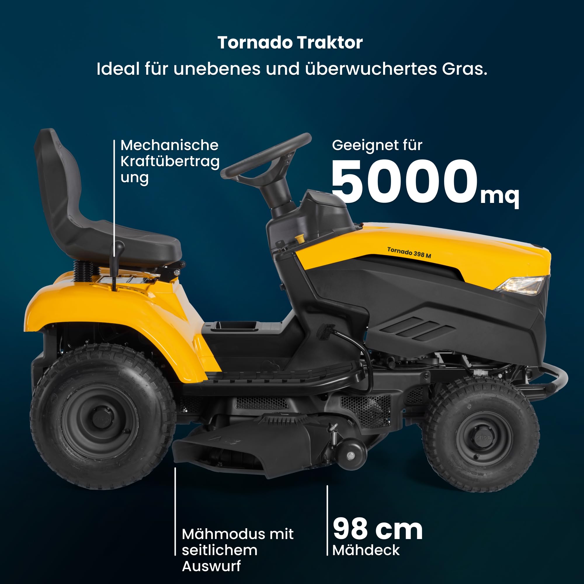 STIGA Tornado 398 M Benzin-Gartentraktor - 414cc ST 400 Motor, 98cm Mähdeck, Seitenauswurf & Mulchen, mechanisches Getriebe, Hochlehner-Sitz, ideal für große Gärten bis zu 5.000 m²