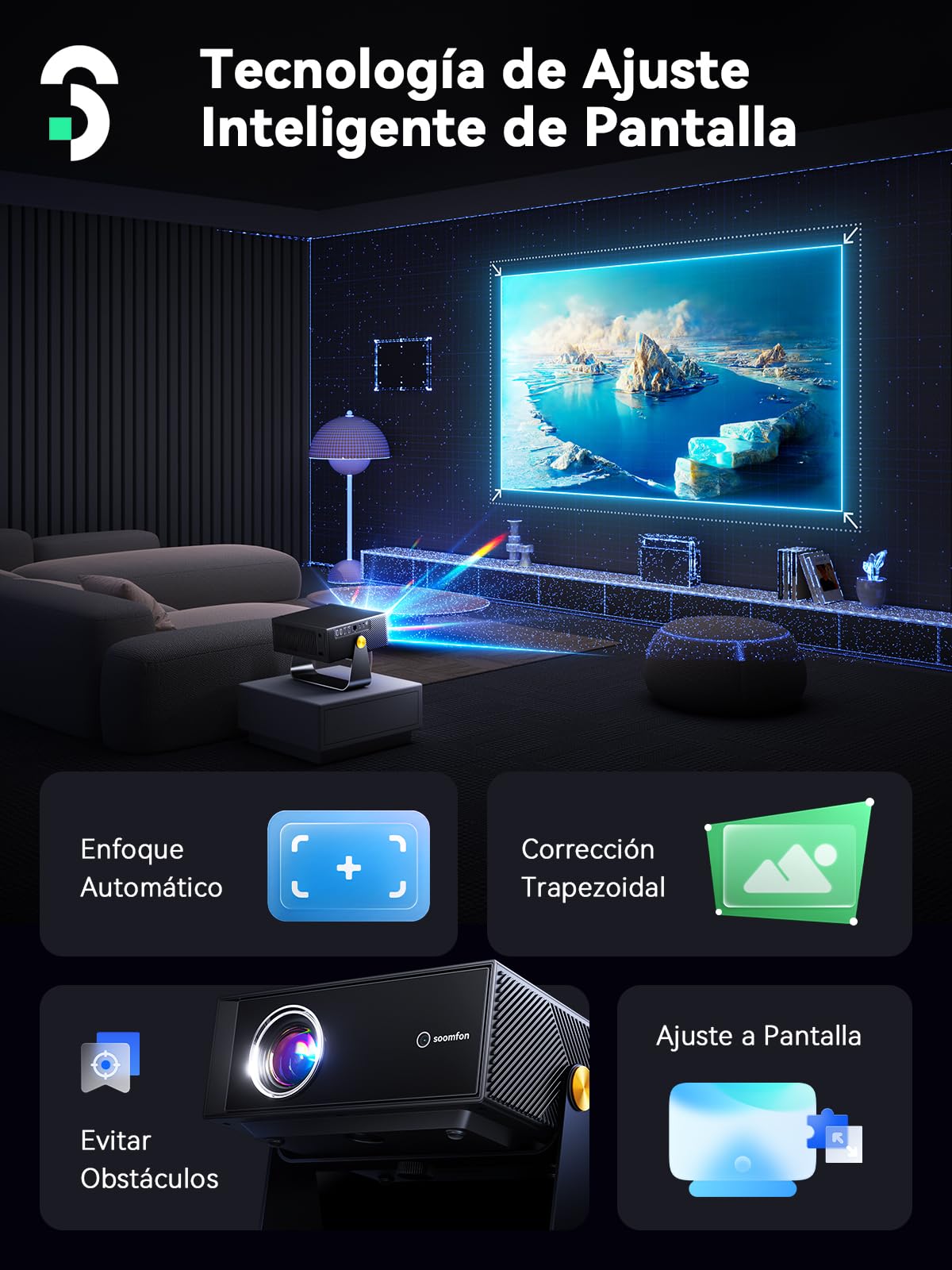 SOOMFON SK3 Netflix Certificado Mini Proyector Portatil 4K Supported | Proyector para Movil con Auto Keystone/E-Enfoque, WiFi & Bluetooth para Android/Movil/PC/HDMI/Exterior/Cine en Casa