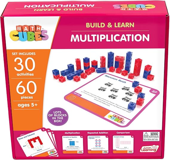 Junior Learning: Mathcubes - Multiplication - 30 Activity Set, Build & Learn, Blocks & Boards Hands On Math, Developmental & Education, Kids Ages 4+