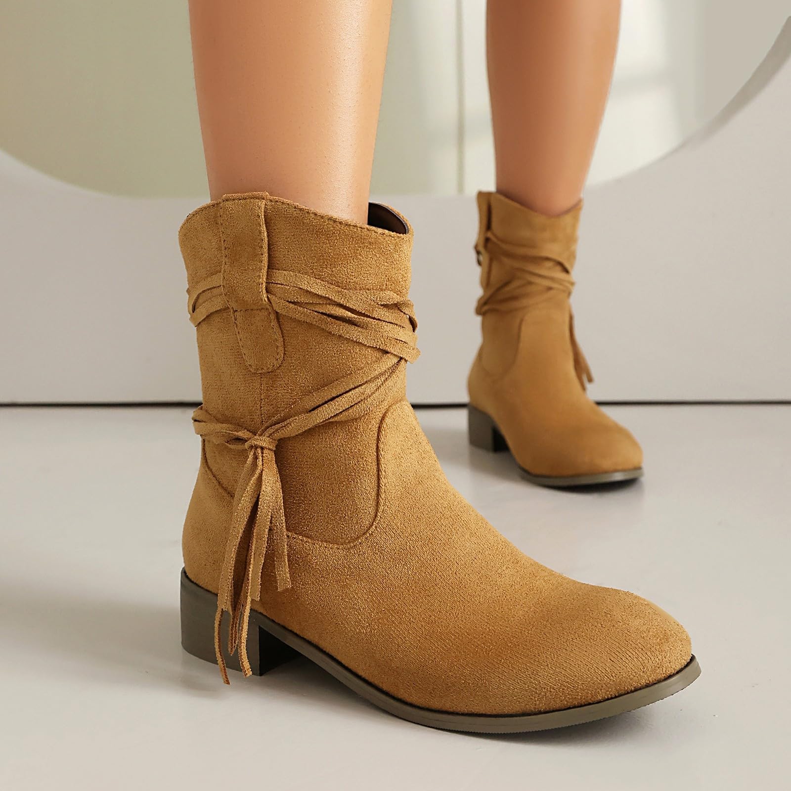 Cocila Botas De Tobillo Anchas Mujer Botines Holgados Cremallera Lateral Tacón Plano Marrones Ante Fino Zapatos Militares Cómodos
