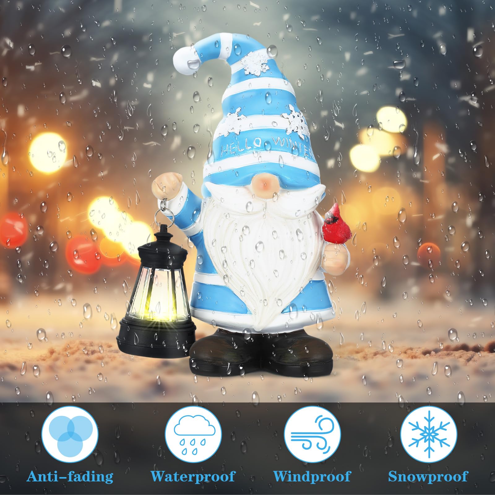 Tuanse Decorazione invernale da 20,3 cm per decorazione esterna in resina gnomo da giardino con lanterna con luci solari e cardinali fiocchi di neve statuetta per portico Natale esterno patio