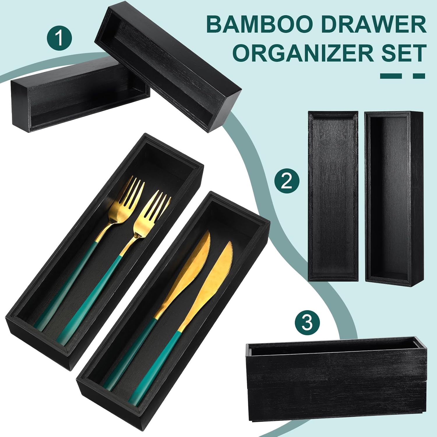 Uiifan 6 Pcs 10 x 3 x 2'' Bamboo Drawer Organizer Black Stackable Utensil Silverware Holder Wooden Tray Drawer Dividers Boxes Spoon Storage Organizer for Kitchen Office Bathroom Cabinet Jewelry