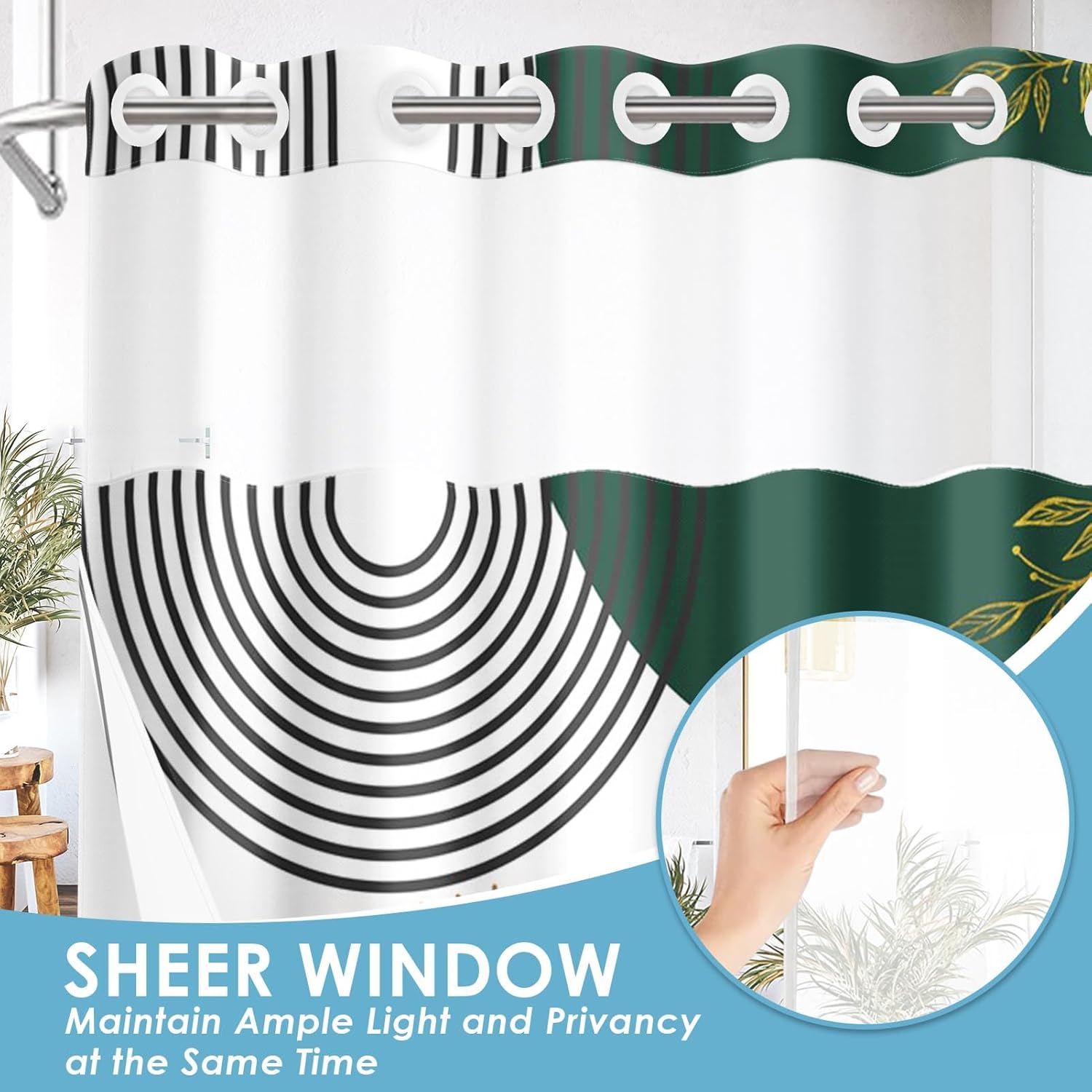 No Hook Mid Century Green Boho Shower Curtain with Snap in Fabric Liner, Abstract Sun Arch Curve Leaves Geometric Double Layers Waterproof with See Through Top Window Bath Curtain 71x74 Inch