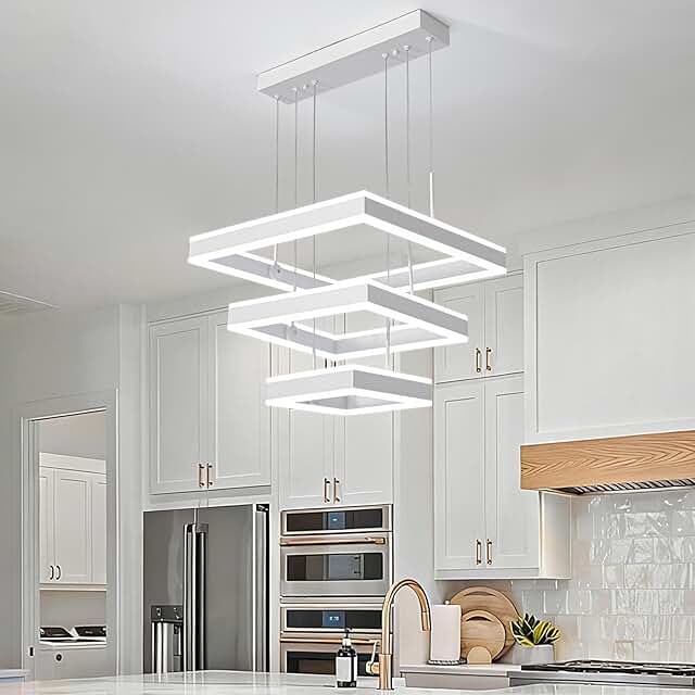 Modern LED Chandeliers White Square Rings Pendant Light Fixture with Han...