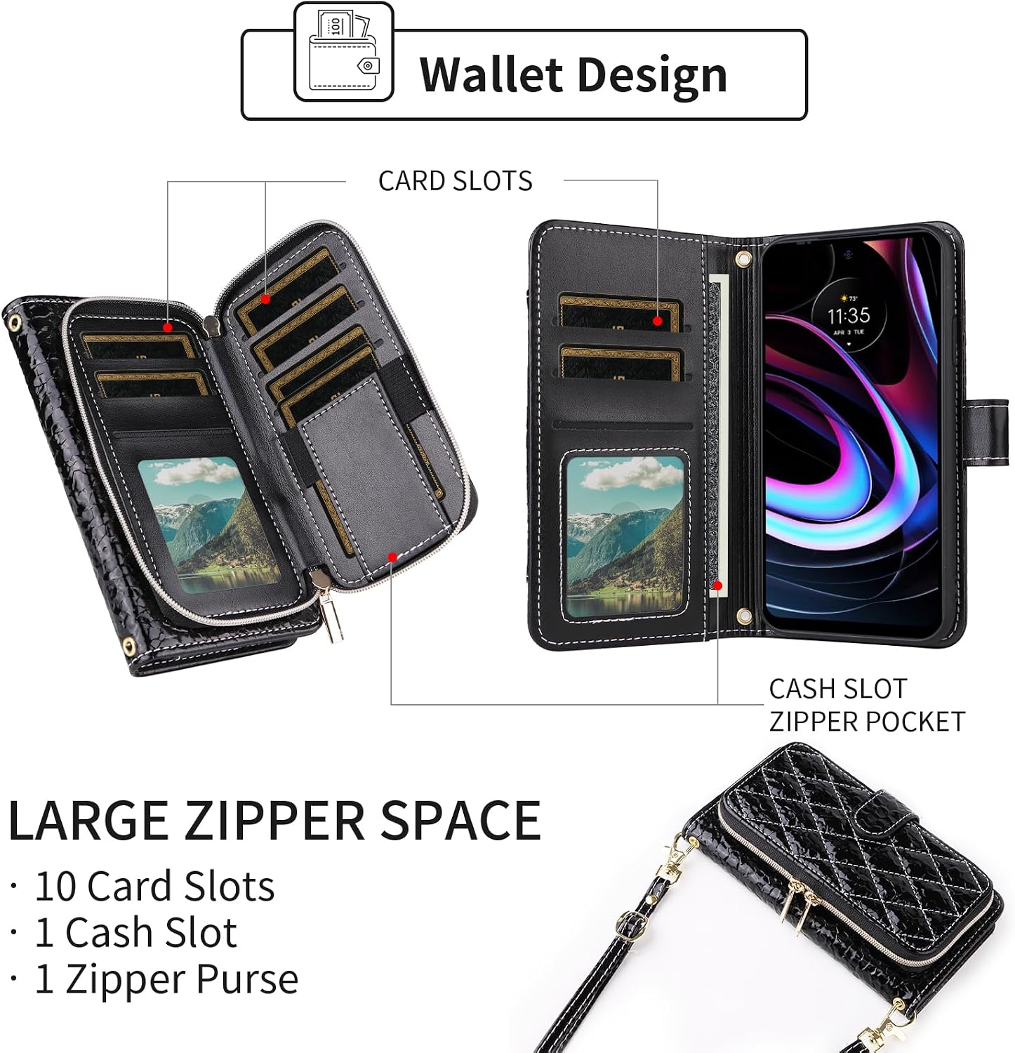 Argyle Wallet Case for Motorola Moto Edge 2021/MotoEdge 5G UW 2021 with Crossbody/Wrist Strap Luxury PU Leather KickStand Zipper Purse Shockproof Card Holder Cell Phone Cover for XT2141-1 Black