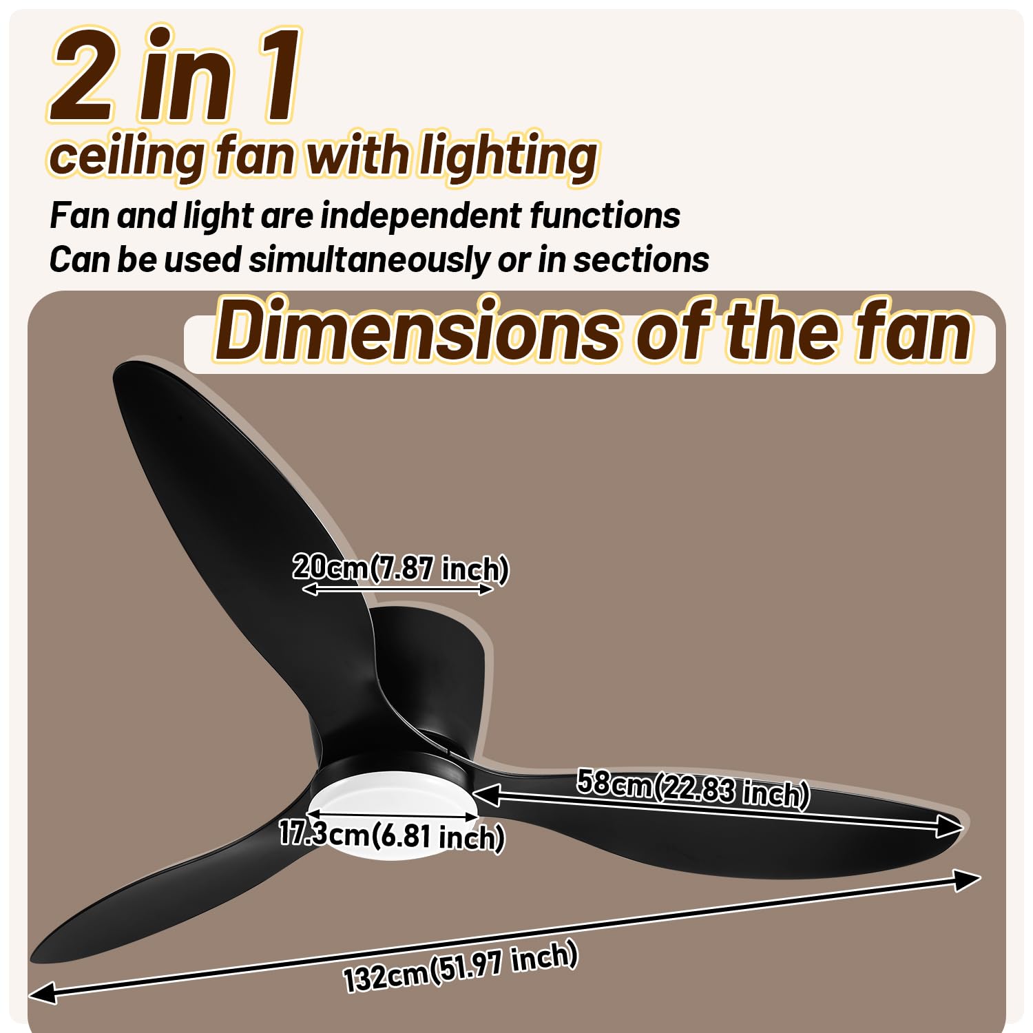 Izrielar Ventilatore da soffitto con illuminazione 2X, ventilatori da soffitto Ø132cm con luce, telecomando, 6 velocità, 3 colori dimmerabili, modalità estate e inverno, timer per camera da letto