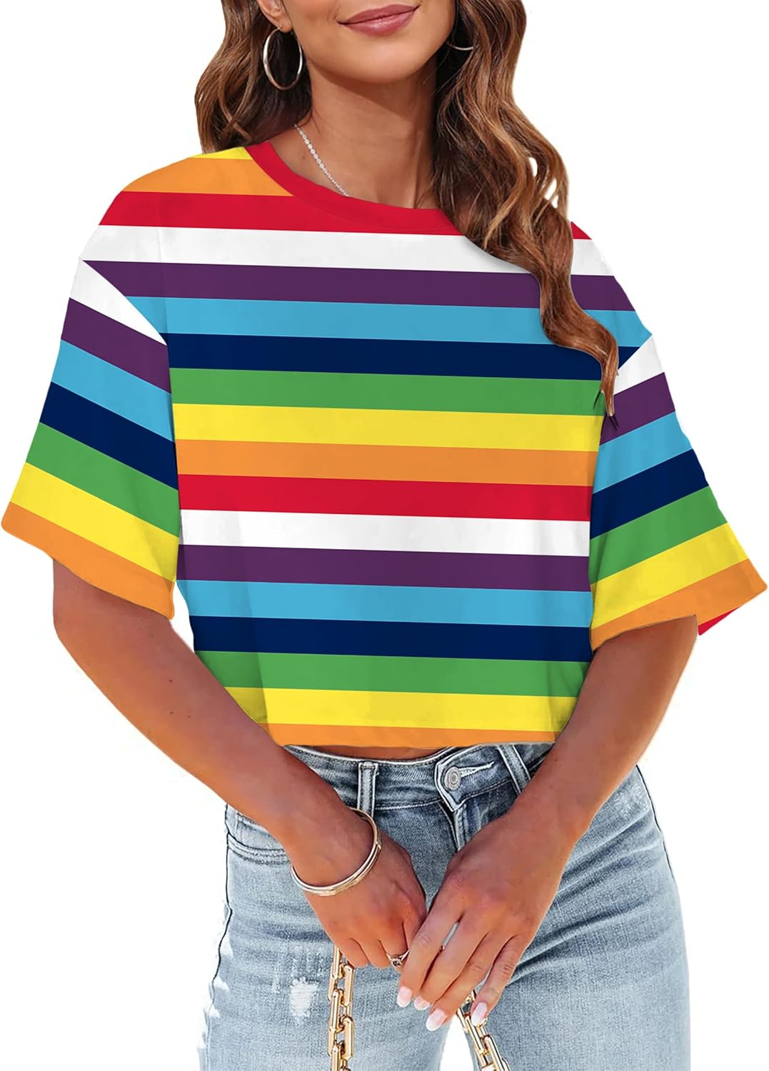 PECHAR Pride Shirts for Women LGBT Rainbow Crop Tops Striped Color Block Y2K Crop Short Sleeve Casual Summer Shirt