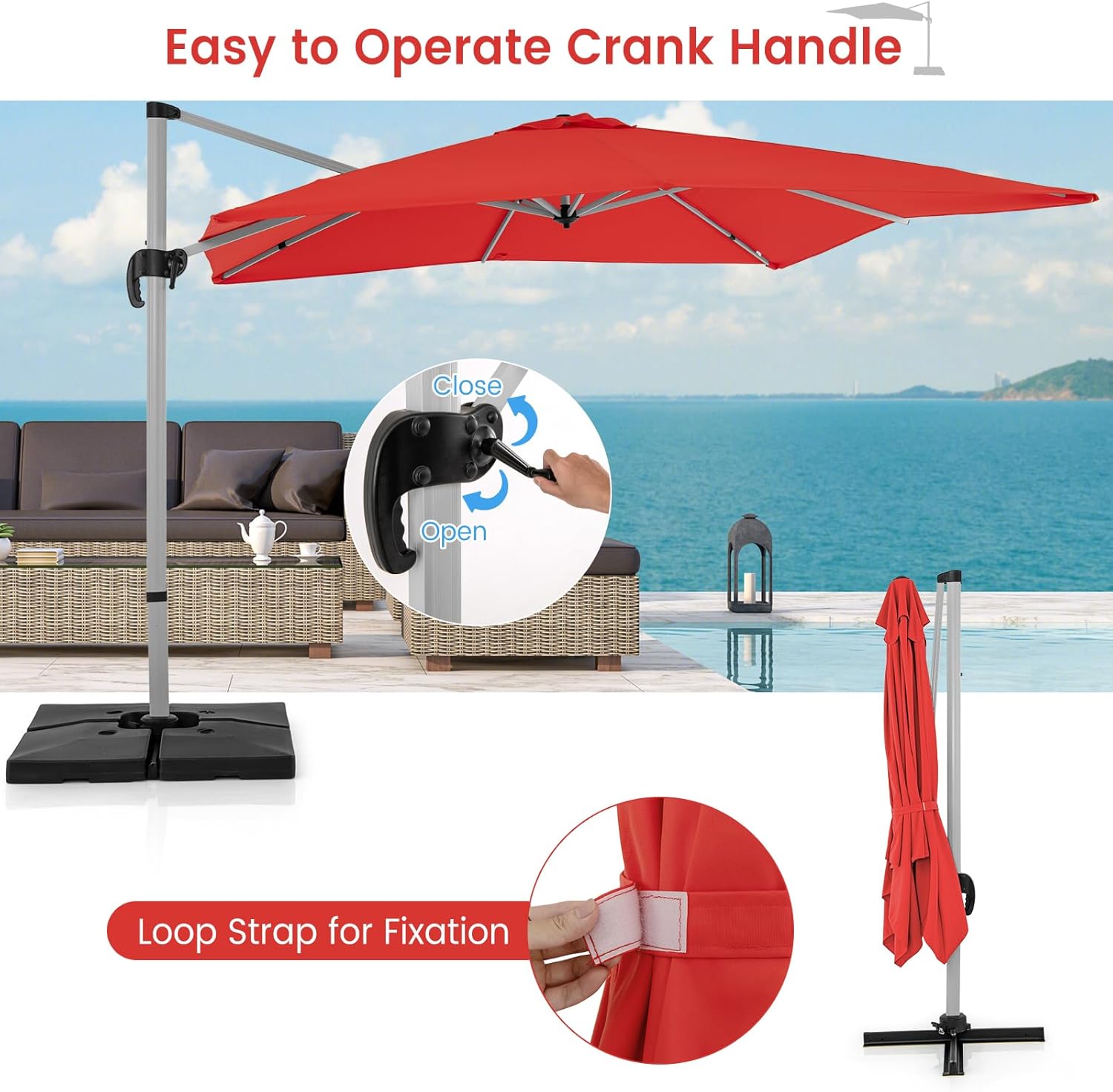 HAPPYGRILL 10 FT Patio Cantilever Umbrella, Outdoor Hanging Offset Umbrella with 360° Rotation, Tilt Adjustment, Cross Base, Vented Top, Square Market Umbrella for Garden Backyard Pool