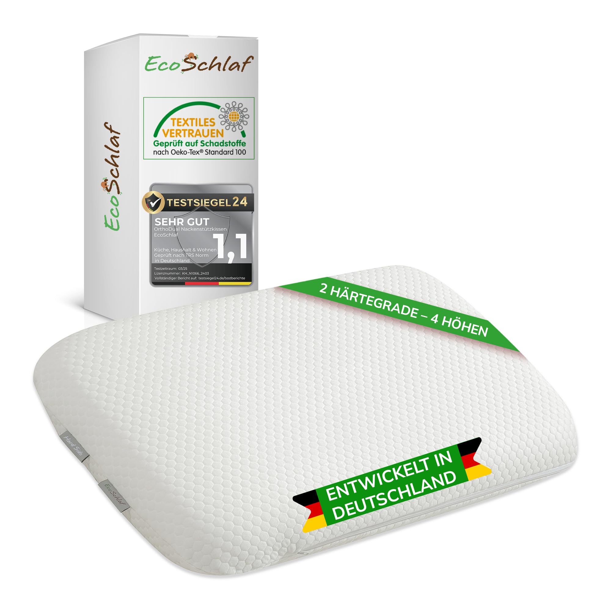 EcoSchlaf® OrthoDual Orthopädisches Seitenschläferkissen – Dual Memory Foam gegen Nackenschmerzen – 60x35x12 cm OEKO-TEX