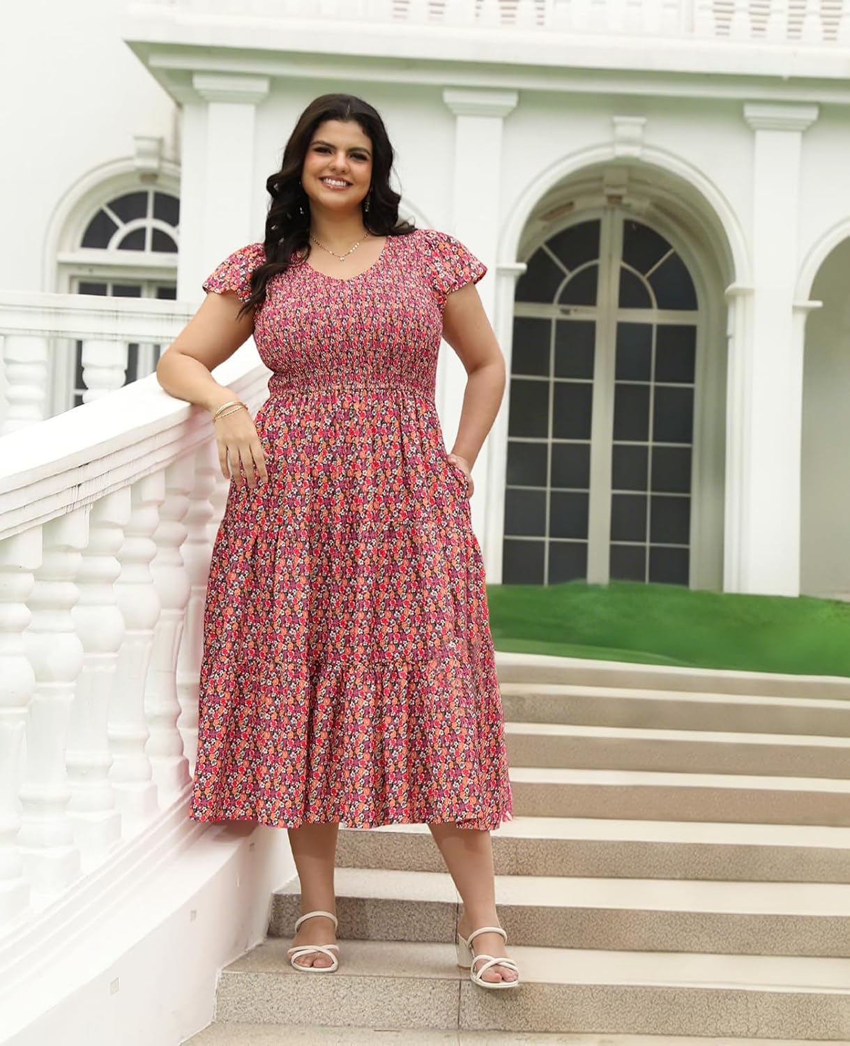 2025 Women's Plus Size Casual Dress V Neck Short Sleeve Summer Maxi Smocked Dresses - Image 4