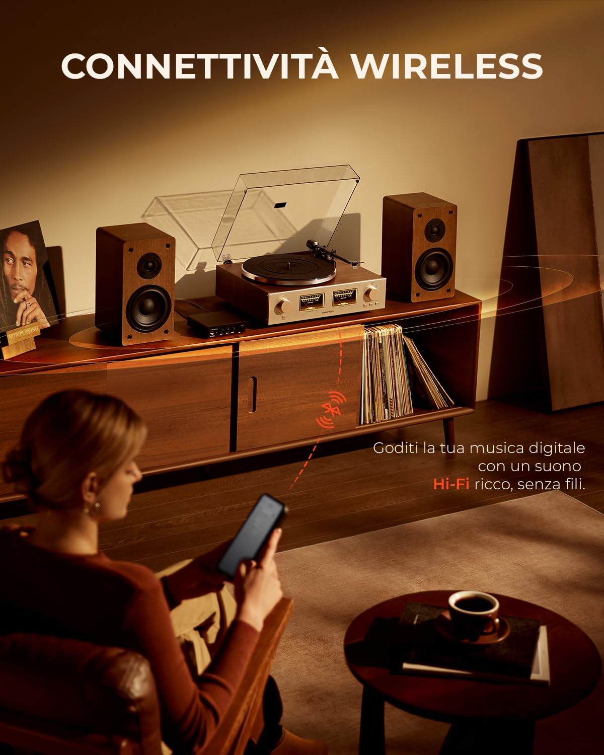 QLEARSOUL HiFire X Giradischi Vinile, Sistema Hi-Fi Audiophile con Casse da Libreria 100W, VU Meter, Preamp DSP, Supporta 33/45 RPM, RCA LINE IN | OUT, Connettività Bluetooth