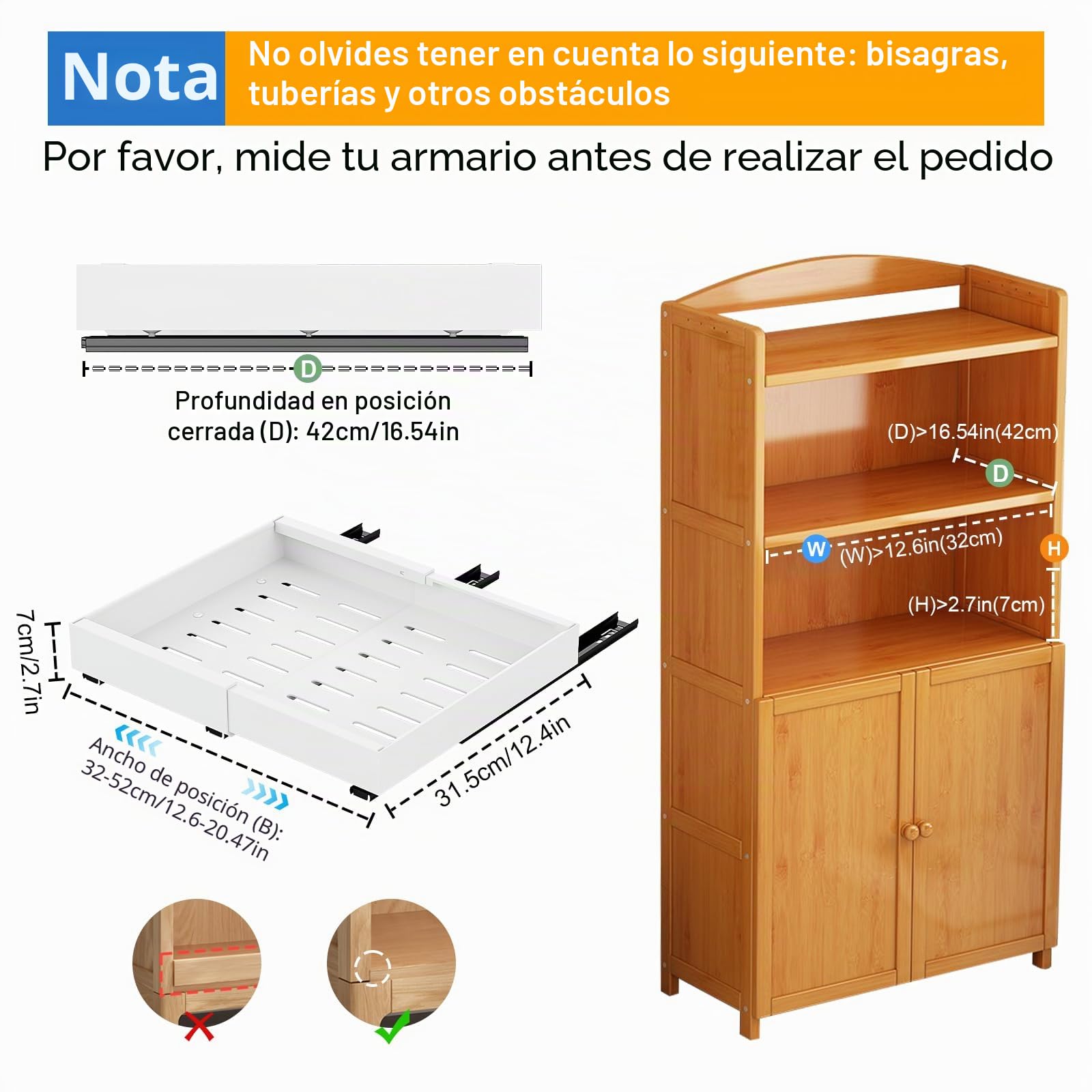 Cajón Telescópico 2 piezas Cajones Extraibles Para Cocina Bandeja Armario Cocina Cajón Deslizante Para Alacena Cajón de Cocina Extensible Desplegable Organizador de Cajones(52-32 x 42 x 7cm)