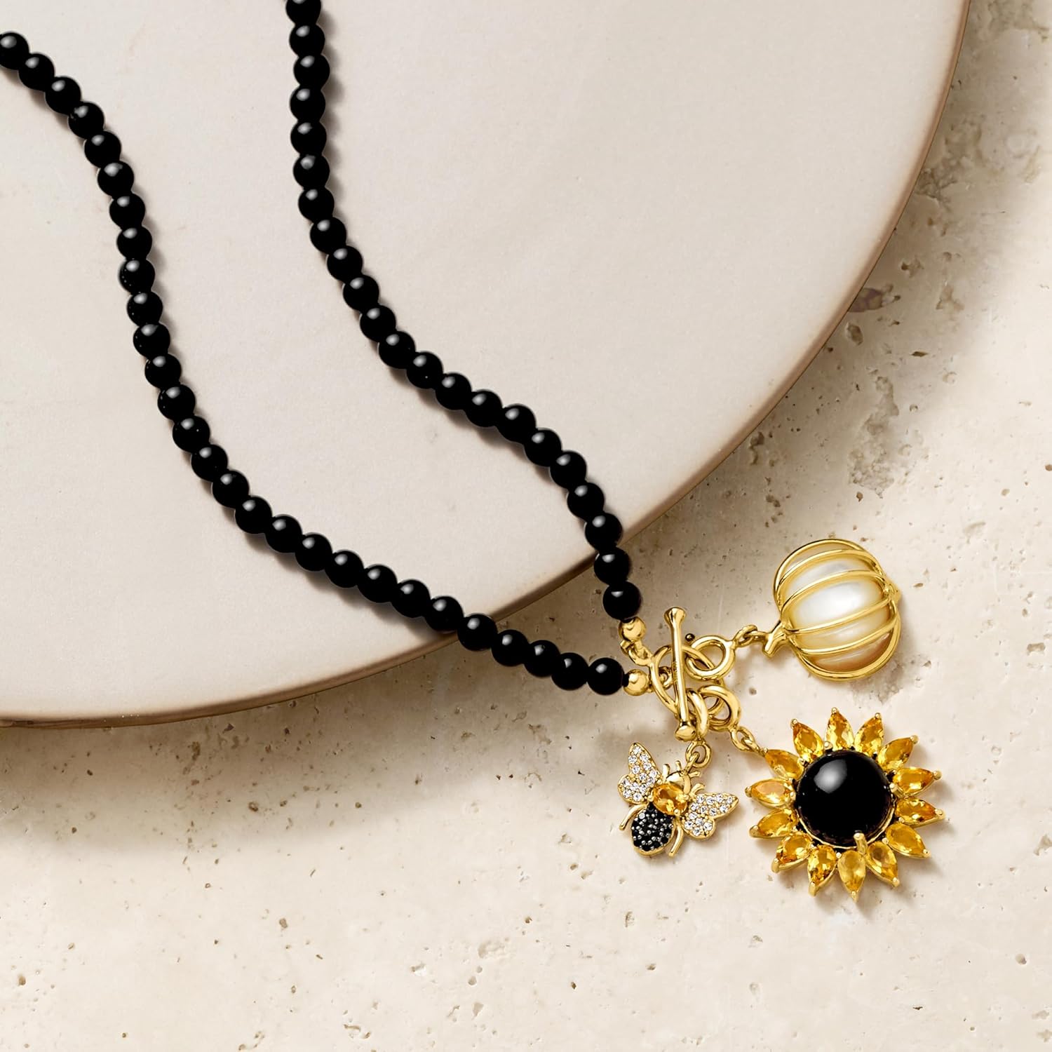 Ross-Simons Onyx and 2.80 ct. t.w. Citrine Flower Charm in 18kt Gold Over Sterling