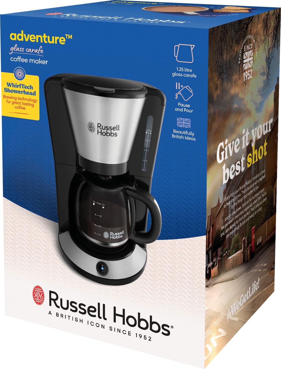 Russell Hobbs Kaffeemaschine [Brausekopf für optimale Extraktion&Aroma] Adventure (1 bis 10 Tassen, 1,25l Glaskanne,Warmhalteplatte, Abschaltautomatik,Tropf-Stopp, 1100W) Filterkaffeemaschine 24010-56