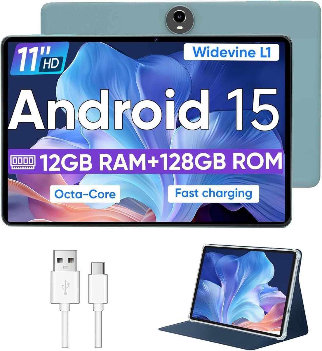 Android 15 Tablet,11 Inch Tablets with Octa Core Processor, 12GB RAM 128GB ROM 1TB Expand, Widevine L1, 8000mAh Battery, 2.4/5Ghz Dual WiFi/GPS/FM, 5/8MP Cameras, Case Included, Blue