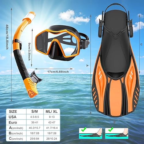 Miniatura 7 de Equipo de esnórquel para adultos, juego de aletas de máscara, máscara de buceo con vista panorámica, antivaho, esnórquel seco, aletas de natación