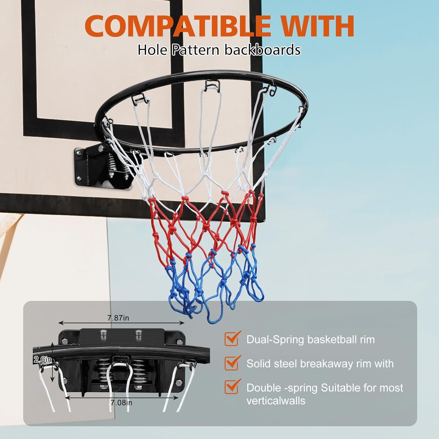 Basketball Rim, 18" Double Spring Solid Steel Hoop with Net, for Indoor and Outdoor Use, Black