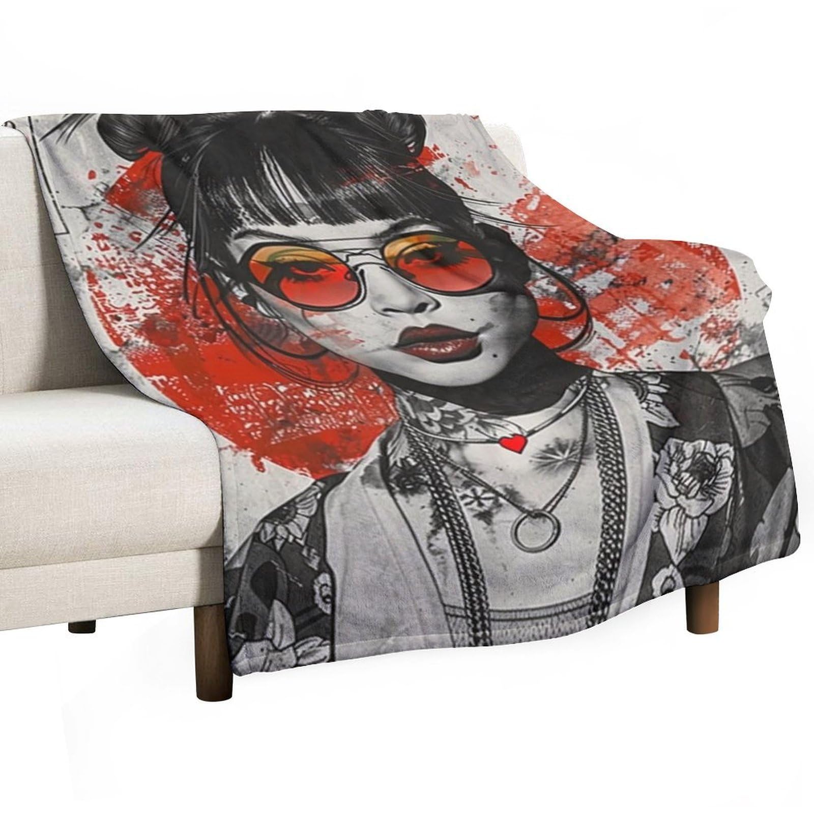 YHGSREUOH Ukiyo E Fusion Tattooed Asian Double Bun Girl 02 Flannel Blankets Fleece Soft Throw Lightweight Plush Gifts for Couch, Bed, Cozy Sofa Plush, Chair, Lovers 80x100cm(30x40in)