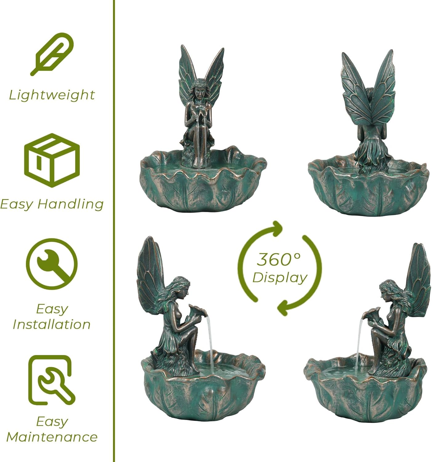 ZMG 14" Angel Fairy Outdoor Water Fall Fountain, Durable Resin Garden Fountain for Home Decor, Office, Gardens, Landscaping, Patios, Balconies, Bronze, Gift Ideas