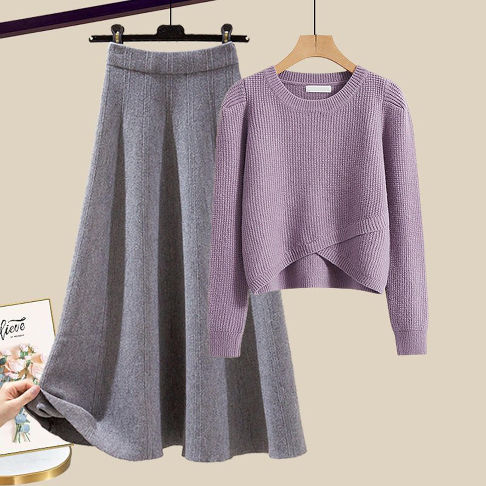 Generisch Set gonna a maglia da donna a maniche lunghe e a vita alta, maxi gonna, due pezzi, set di maglioni a maglia Blues Midirock 2 pezzi per la casa clubwear top bodycon elegante gonna per feste
