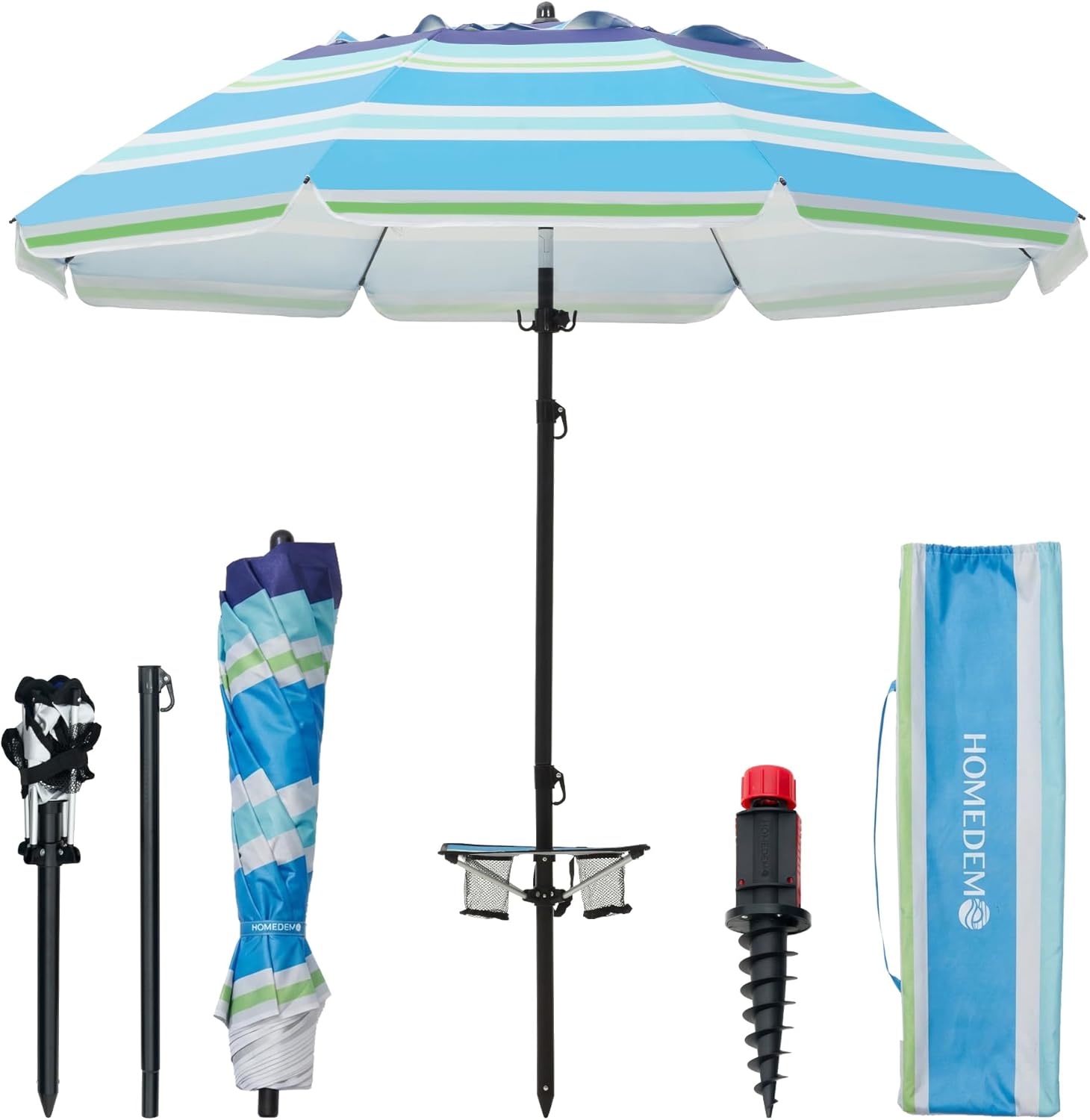 HOMEDEMO 7FT Beach Umbrella with Table & Anchor, Heavy Duty Windproof with UPF 50+ Sun Protection, Outdoor Umbrellas with Adjustable Aluminum Pole