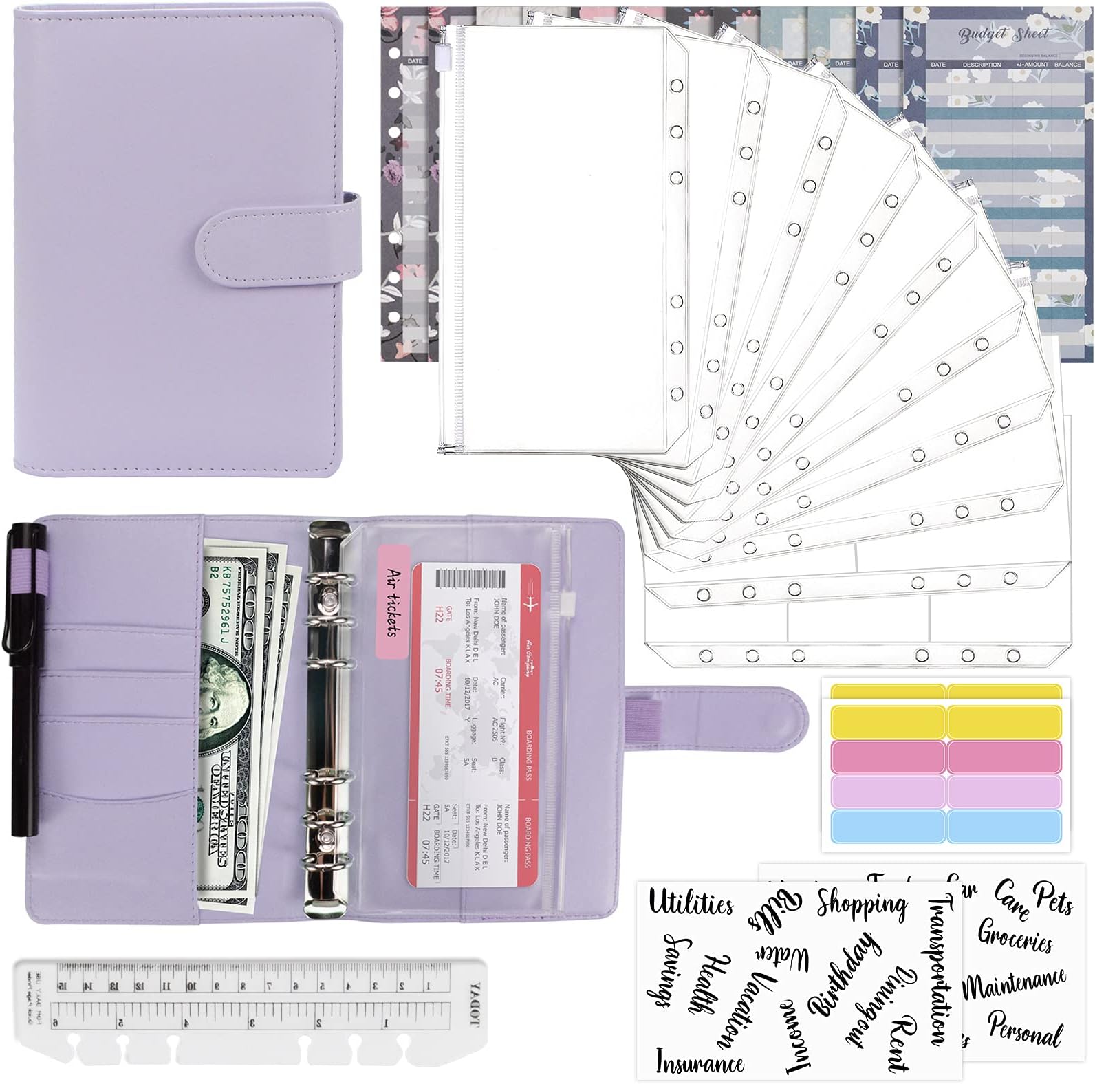 Mlife Budget Binder Set - 28pcs Leather Ring Notebook with Clear Cash Envelopes,Budget Sheets and Label Stickers, Money Saving Binder Organizer for Travel and Diary Purple