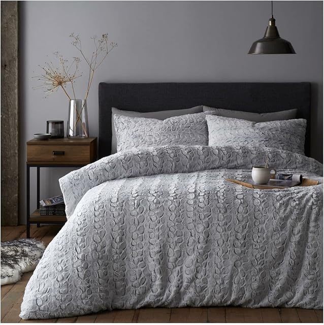 GC GAVENO CAVAILIA Teddy Fleece Duvet Cover Double Faux Fur Quilt Set, Snuggle Warm Thermal Embossed Bedding, Charcoal