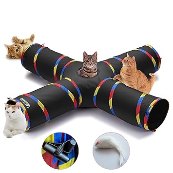 4 Way Cat Tunnels for Indoor Cats, Collapsible Tube 10 Inch Diameter & 47 Inch Longer Cat Tunnel Toy, Bell Ball for Pet Play Puppy Kitten Rabbit
