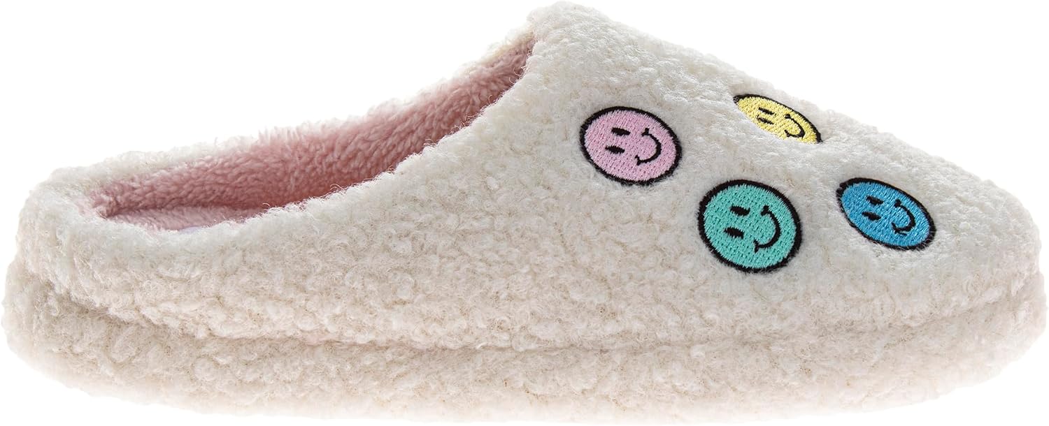 Josmo Kids Fuzzy Slippers for Girls or Boys Plush Slip-On House Shoes Smiley Face Strap Back Cozy Indoor Slides Size 11-13 Little Kids / 1-4 Big Kids