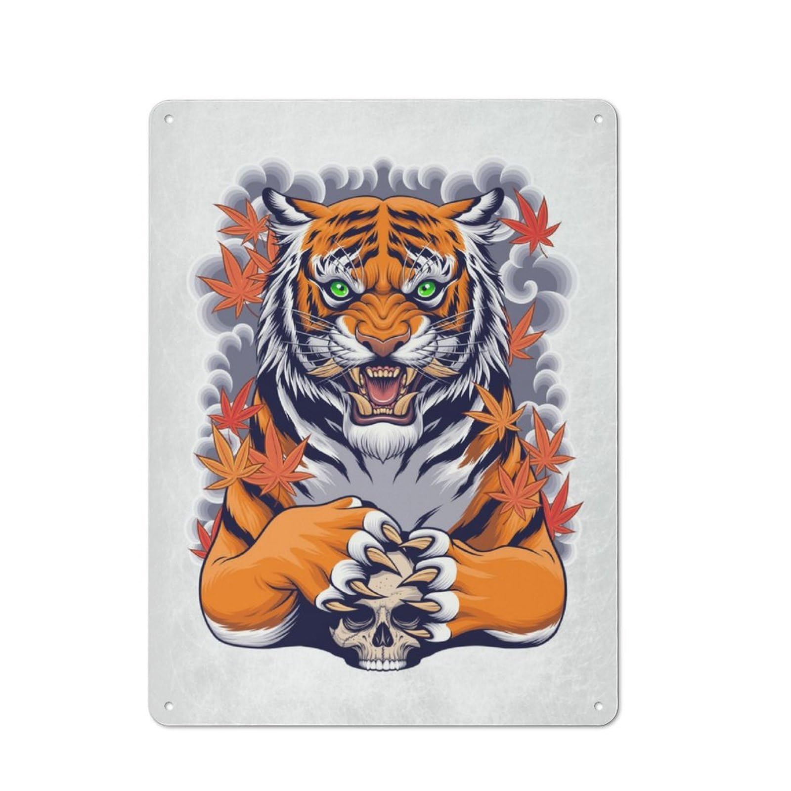 Junmoney Tiger And Skull Vintage Printed Metal Sign 40X30cm For Workshop Wall, A Decorative Gift For A Newly Furnished Workshop