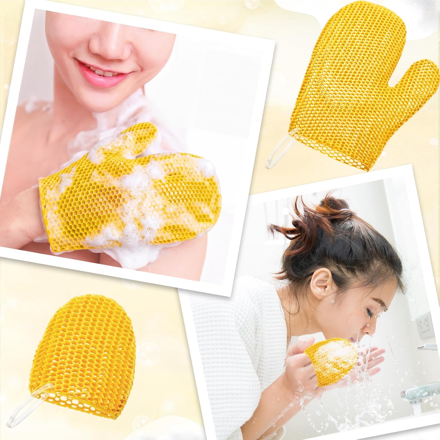 Karenhi 2 Pcs Honeycomb Exfoliating Glove Set Exfoliating Bath Mitt Honeycomb Face and Body Scrubber Shower Mitt for Cleaning Body Shower Face Skin Beauty Spa, Quick Drying (Beige)