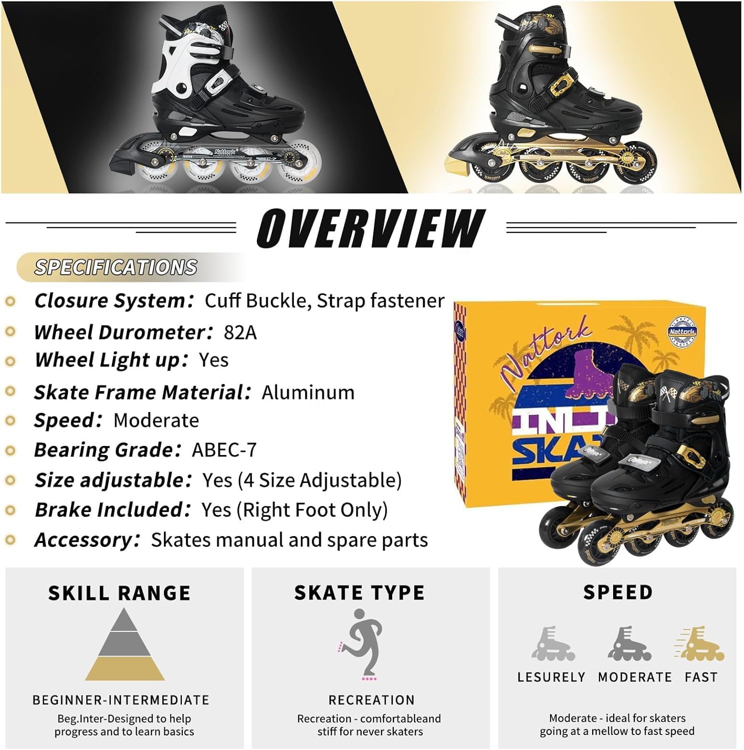 Nattork Inline Skates für Kinder und Erwachsene, 4 Größen Verstellbar Kinder Inliner, Renndesign Inline Skates für Damen Herren
