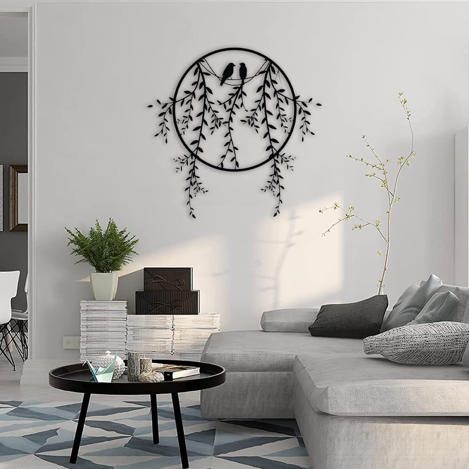 Wysokiej Jakości Miłość Ptaki Metalowa Sztuka Wall, Ptaki na gałęzi Metal Wall Decor, Okrągła Czarna Dekoracja, Wiszące Do Kryty Ogrodowy Ogród Home