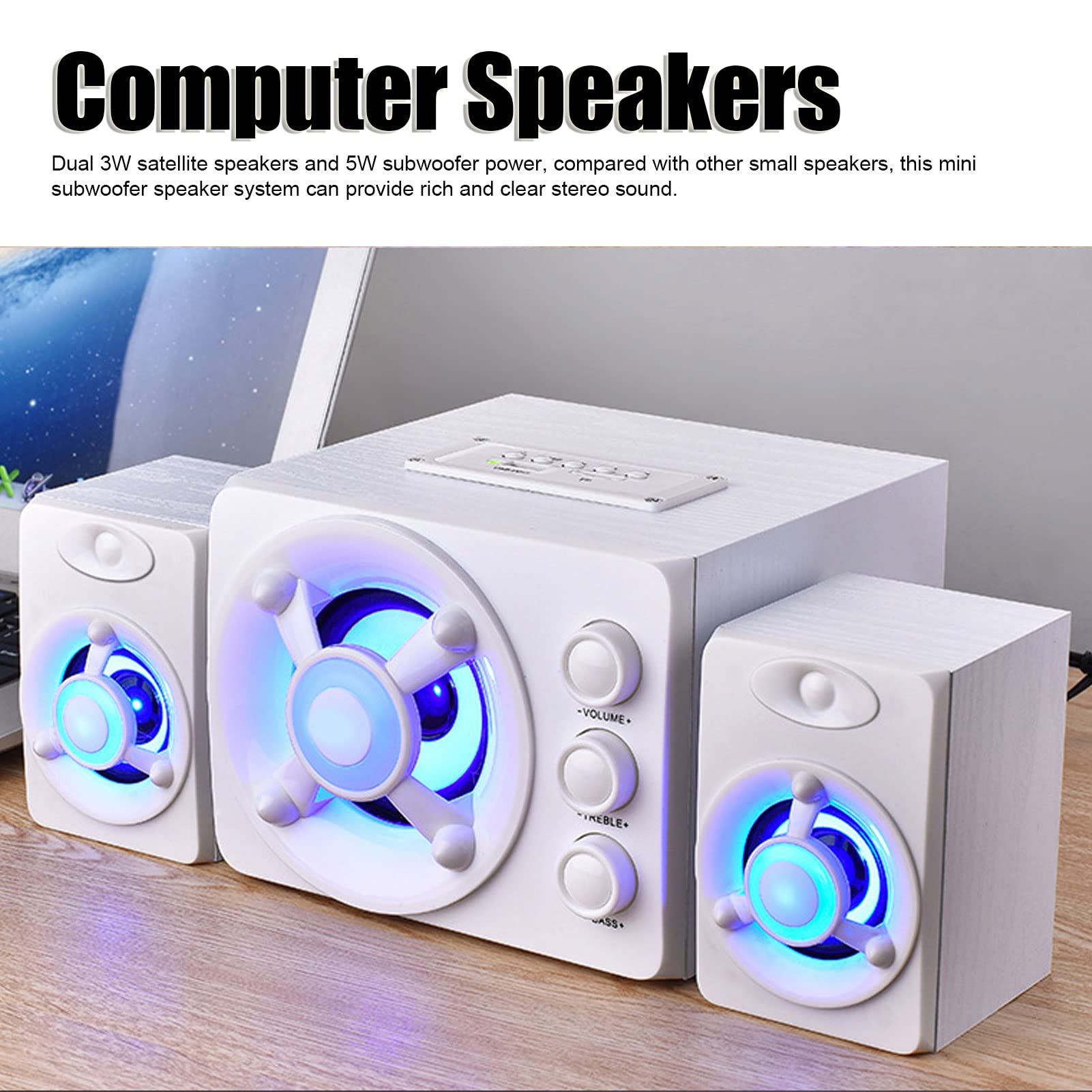 Enceinte d'ordinateur filaire - Contrôle du volume - Enceinte multimédia stéréo - Petite avec lumière RVB - Pour jeux d'ordinateur portable (nouveau blanc)