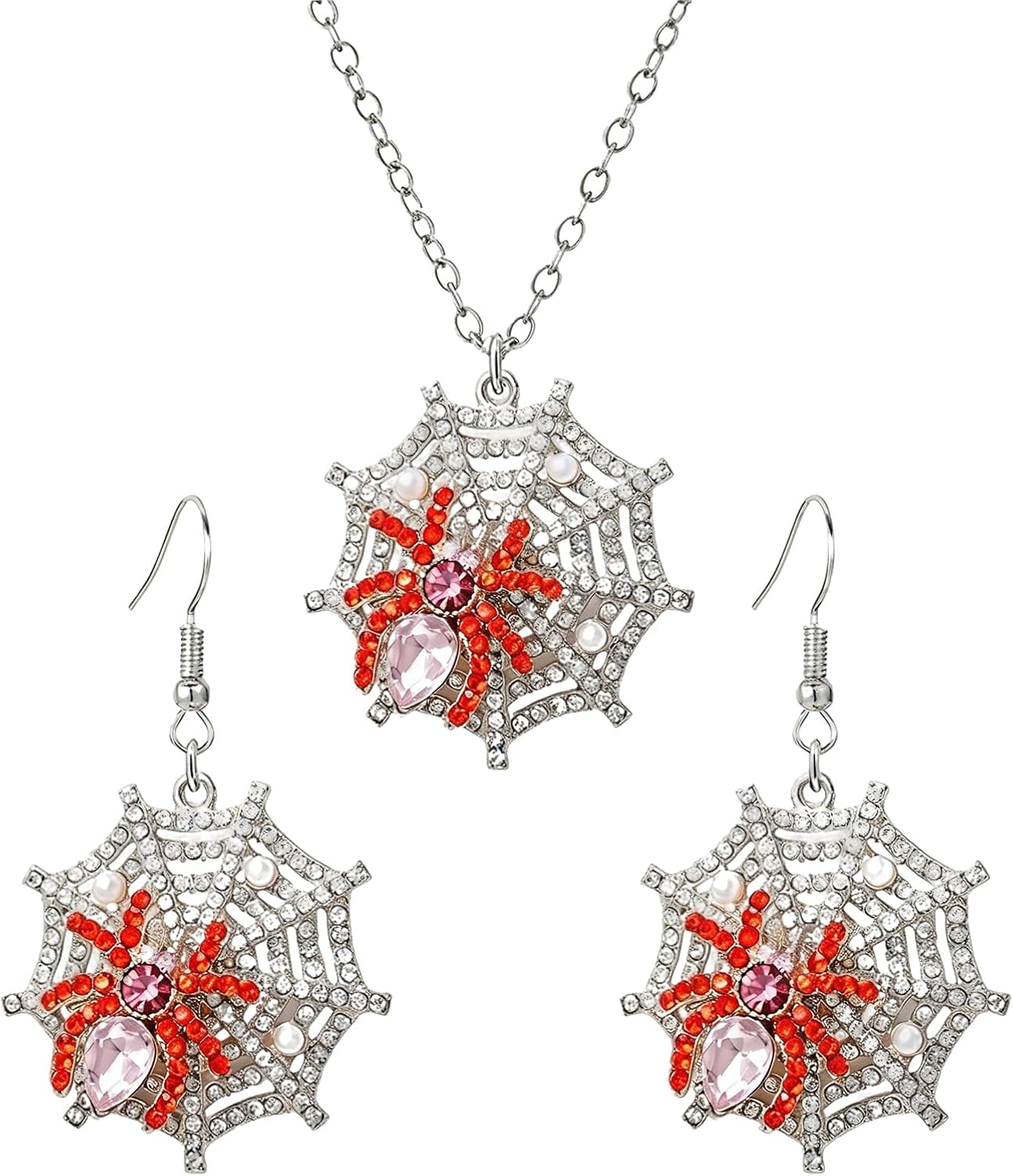 coadipress Halloween Rhinestone Jewelry Set for Women Cute Crystal CZ Ghost Bat Spider Pumpkin Black Cat Witch Hat Earrings and Necklace Charm Halloween Holiday Gifts