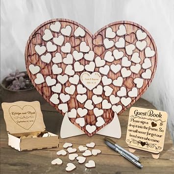Personalized Wedding Puzzle Guest Book Alternative Custom Wood Heart Jigsaw Guest Book Sign Rustic Guest Book Wedding Decor for Party Engagement Reception Anniversary (B-50 Pieces)