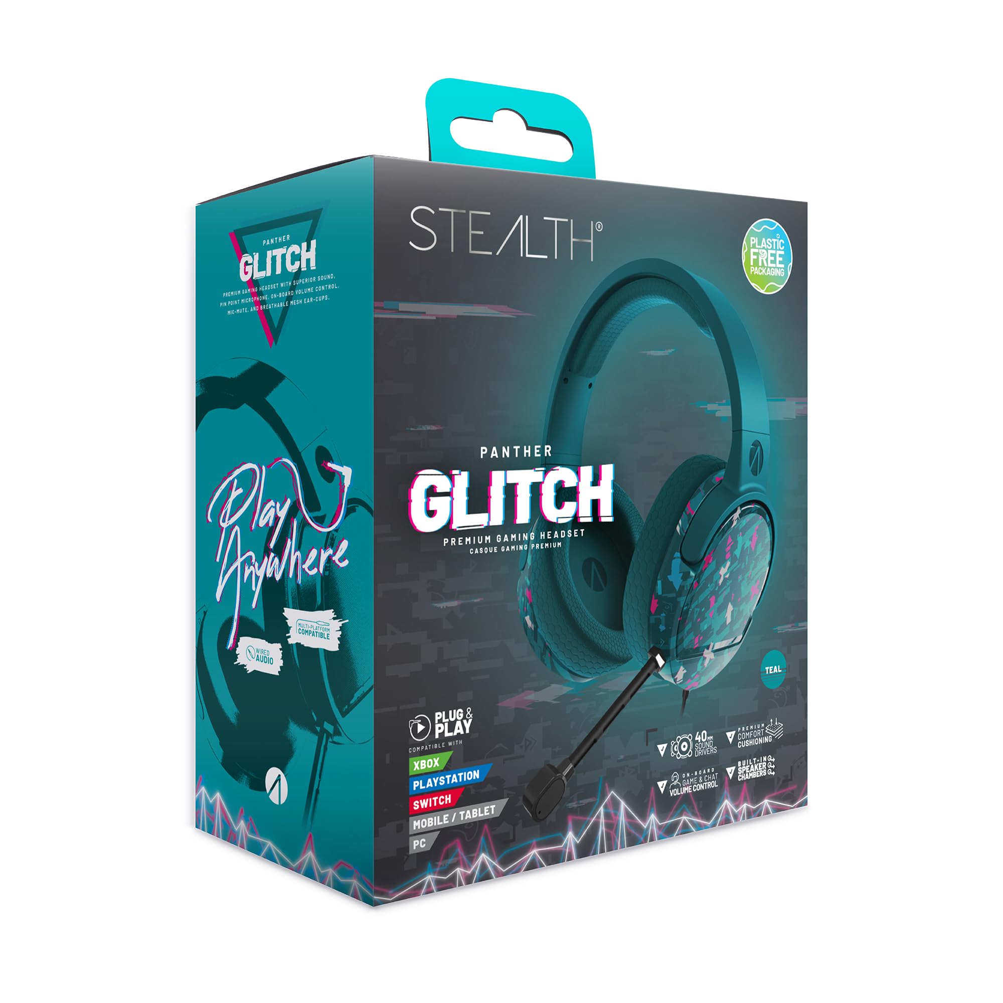 STEALTH Auriculares Gaming Panther Glitch - Verde Azulado, Over Ear compatibles con PS4/PS5, Xbox, Switch, PC con micrófono Flexible, Jack de 3.5mm, Cable de 1.5m, Ligero, cómodo y Duradero