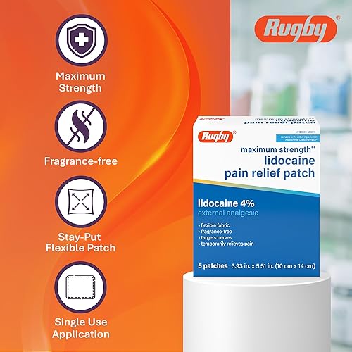 Miniatura 5 de Rugby - Parche para aliviar el dolor de lidocaína de máxima resistencia, 4 % - Parches anestésicos tópicos, flexibles, sin olor, de un solo uso, 5