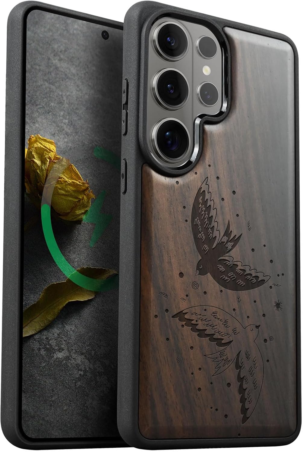 Carveit Magnetic Wooden Case for Samsung Galaxy S26 Ultra Case 2026, TPU Shockproof Cover & Wood Artisan Engraved, Compatible with MagSafe Wireless Chargers (Harmony of Two Birds in Motion) Blackwood