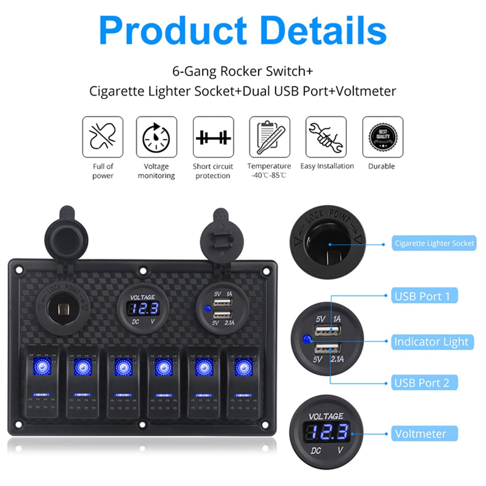 Gniazdo przełącznika 6-gniazdowego, cyfrowy woltomierz, wyświetlacz LED, kołyska aluminiowa, zasilacz 12 V, podwójny USB, do samochodu, łodzi włącznik zapłonowy rozrusznik(Green)
