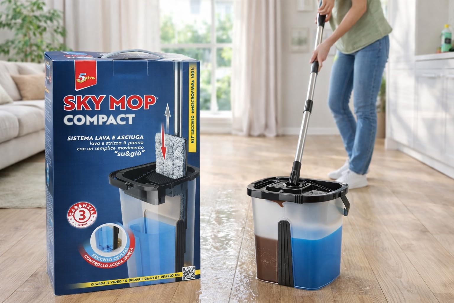 Lavapavimenti con Secchio e Mop in Microfibra 100%, Sky Mop Compact Lava e Asciuga, con Bastone in Acciaio Inox, Secchio Compatto con Strizzatore, Lavapavimenti